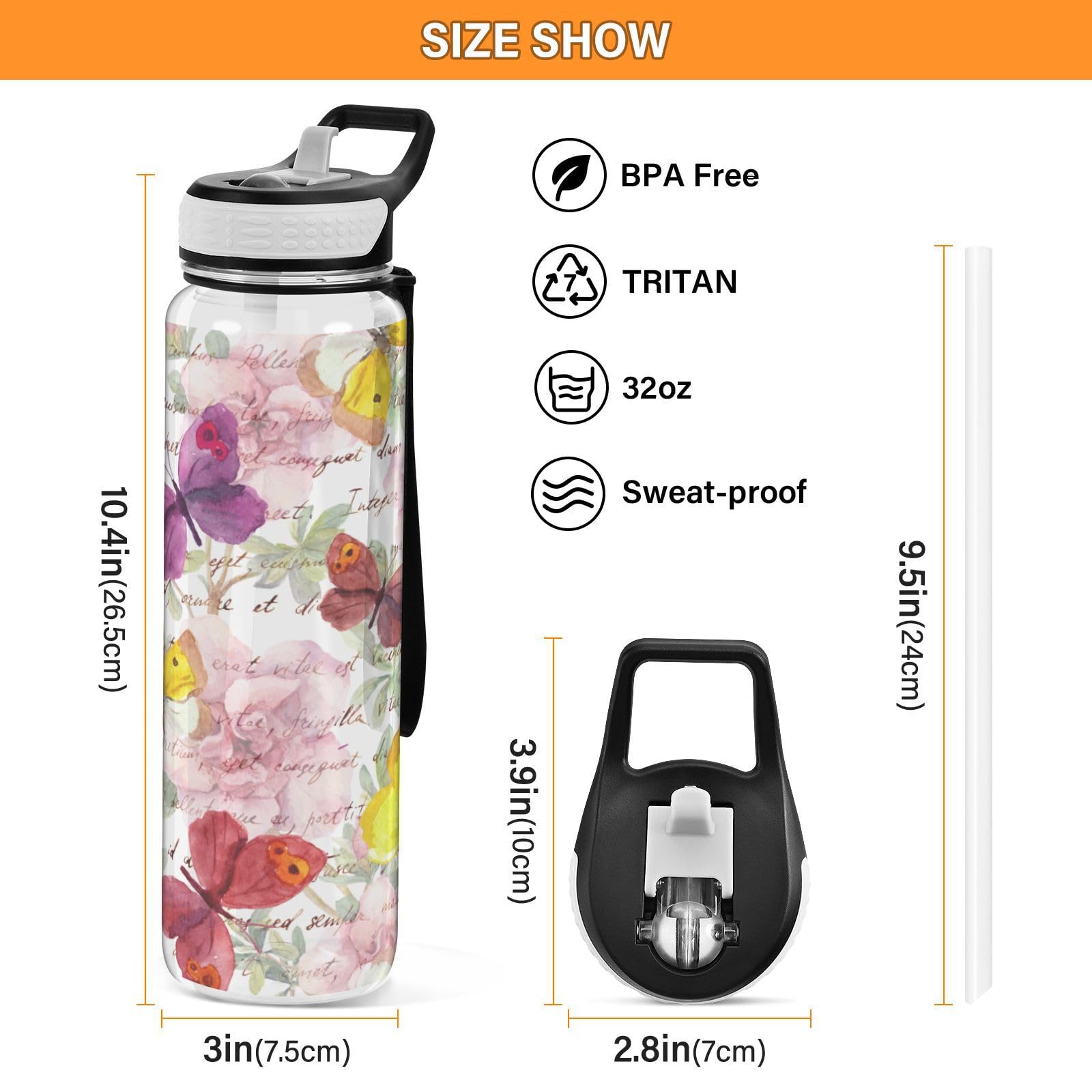Mnsruu Butterfly Sport-Trinkflasche 1000 Ml – BPA-frei Aus Tritan, Mit Strohhalm