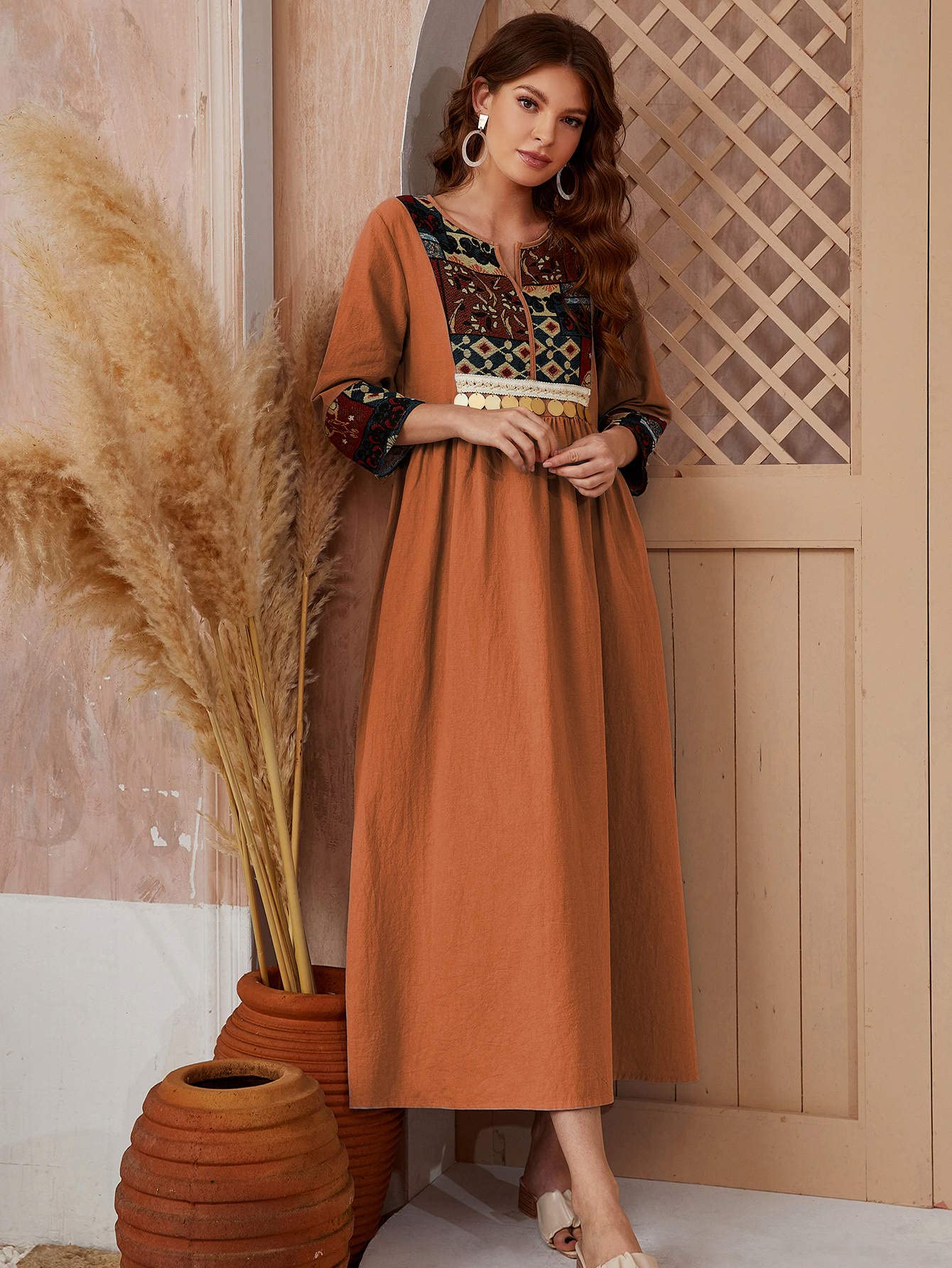 WOKEZ Contrast Geo Panel Smock Dress (Color : Ginger, Size : M