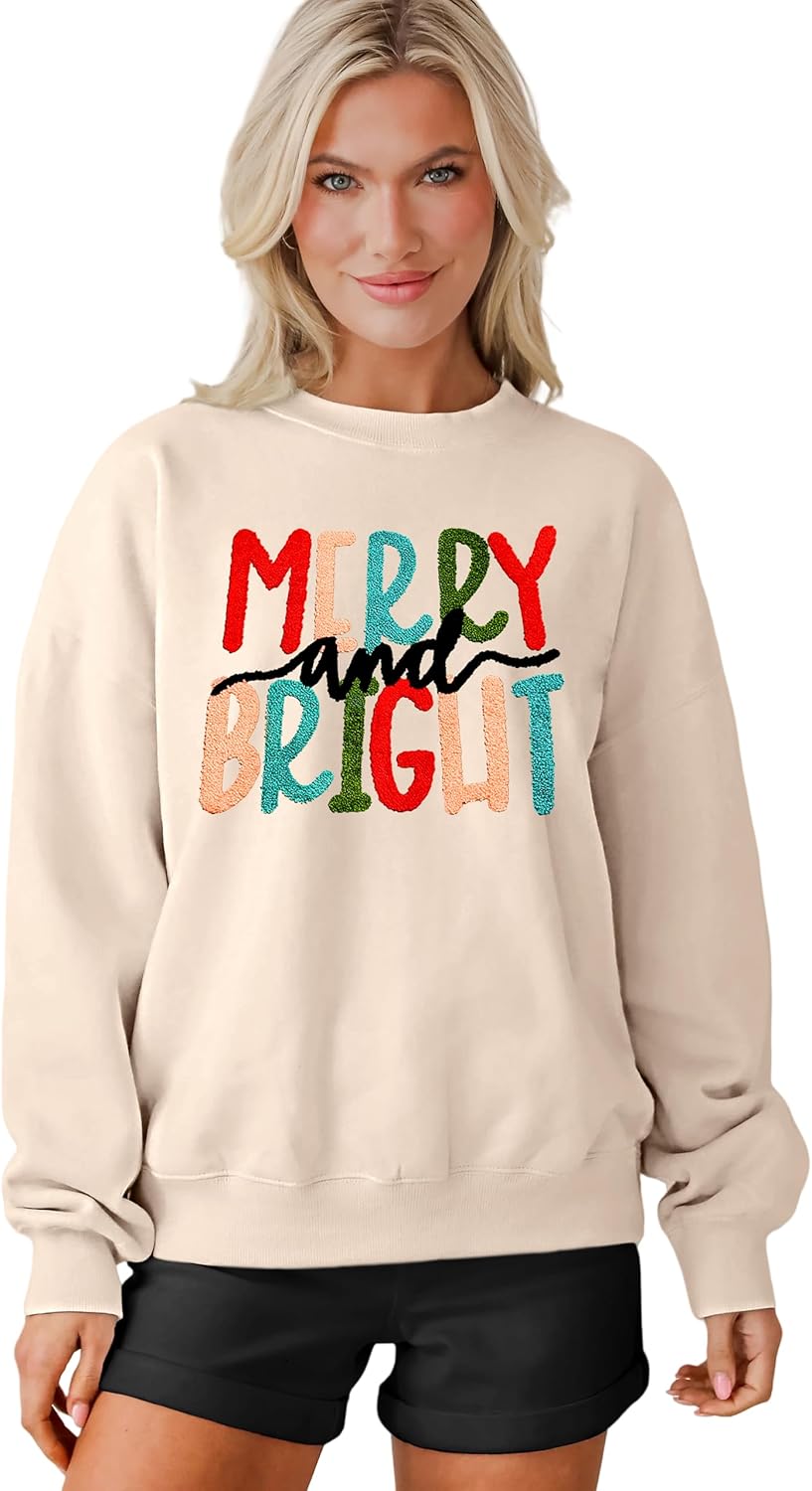 MAPICK Christmas Sweatshirt for Women Merry and Bright Embroidery Sweaters Crewneck Fleece Linend Warm Winter Clothes