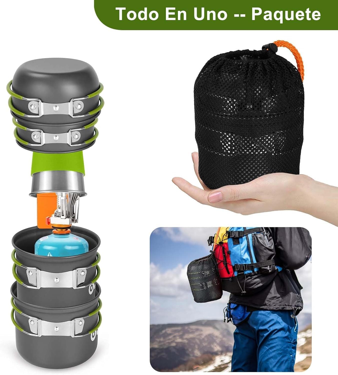 Pentole da Campeggio,9 Pezzi Set di Gavetta Campeggio,Kit Pentole Cucina per Campeggio con Fornello da Campeggio,Tazza,Posate Pieghevoli,Moschettone,Ideale per Picnic Escursioni Pesca Barbecue