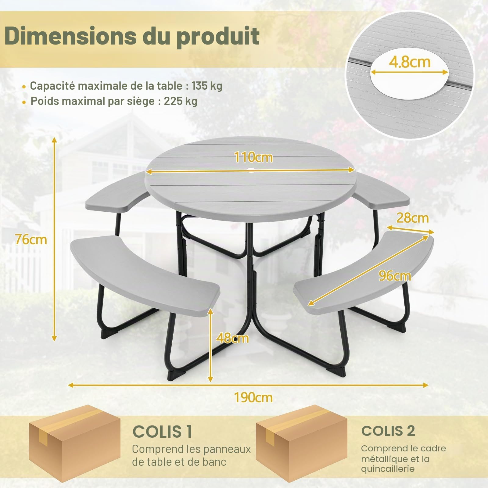 GIANTEX Ensemble de meubles de jardin pour 8 personnes, table de jardin ronde avec 4 bancs, table à bière avec trou pour parasol, salon de jardin résistant aux intempéries en polyéthylène haute