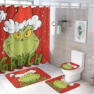 LAYINUSG 4Pcs Merry Christmas Shower Curtain Set with Non-Slip Rugs, Toilet Lid Cover and Bath Mat, Xmas Winter Holiday Bathroom Decor with Hooks 72 x 72 Inches