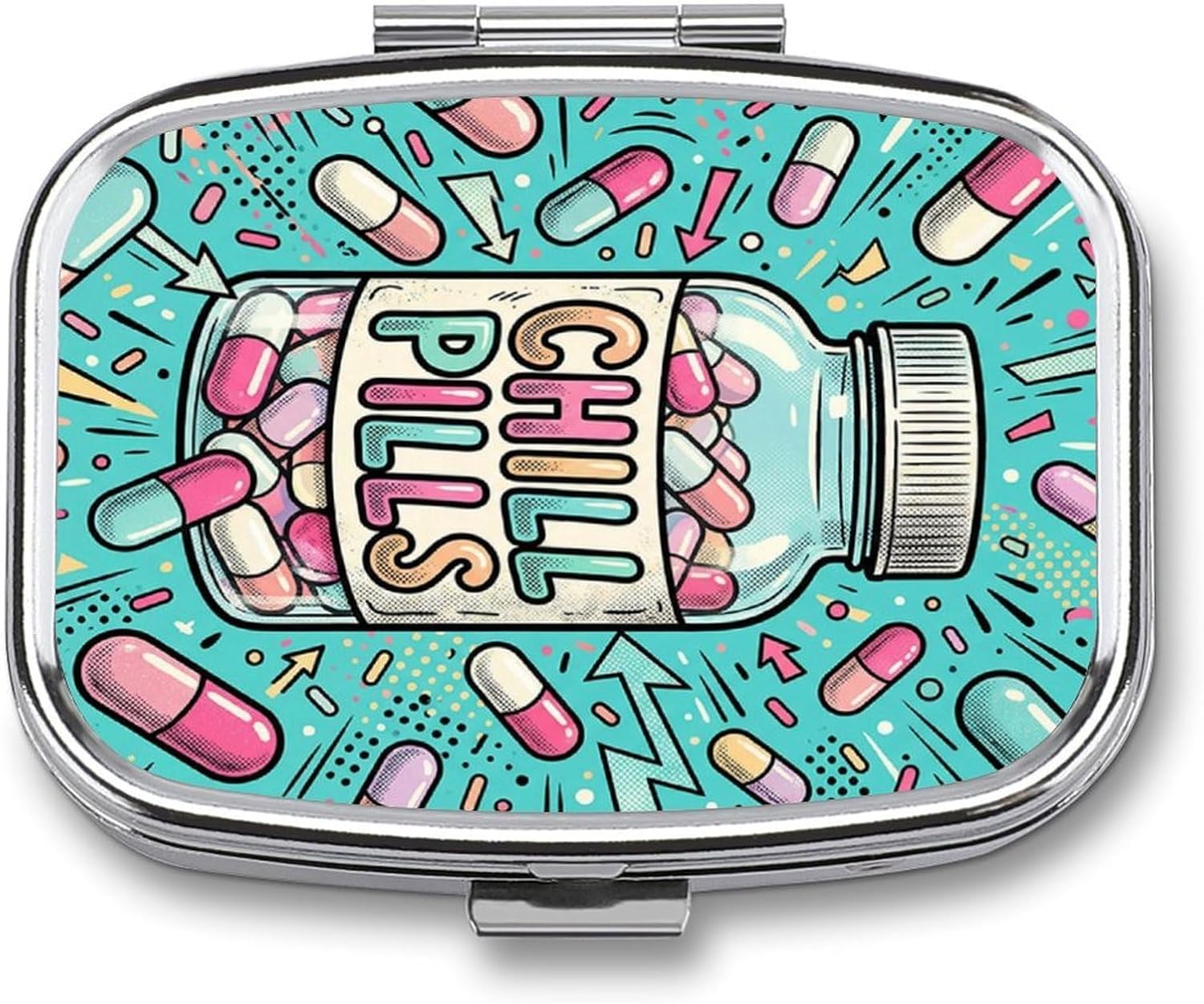 Metal 2 Compartment Pill Organizer Travel Friendly Portable Compact Pill Box Cute Pill Case,for Pocket Wallets Daily Portable Medicine Vitamin Tablet Storage (Cute Bottle)