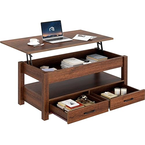 Rolanstar Coffee Table, Lift Top Coffee Table with Drawers and Hidden Compartment, Retro Central Table with Wooden Lift Tabletop, for Living Room,Espresso
