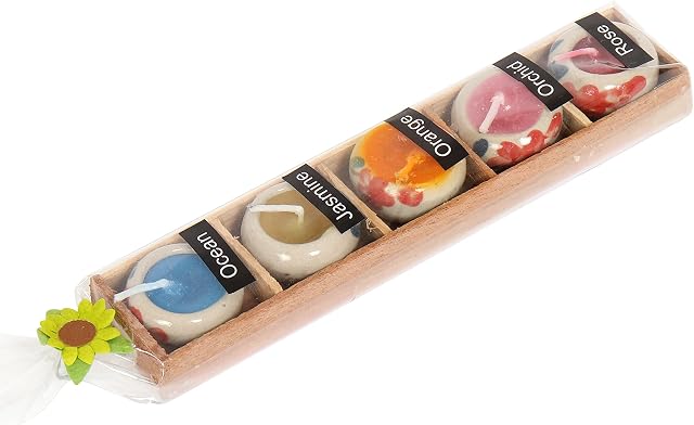 Laeto Candles Pack of 5 Small Gift Ideas Mini Scented Shaped Candles in Ceramic Holder and Handmade Wooden Tray (Round,1 Set)