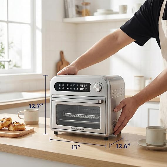 Elite Gourmet EAF1010D Programmable 10L Air Fryer Convection Countertop Oven, 8 Menu Settings, Temperature + Timer Controls, Bake, Toast, Broil, Air Fry, 1500W with Recipes, Steel Exterior