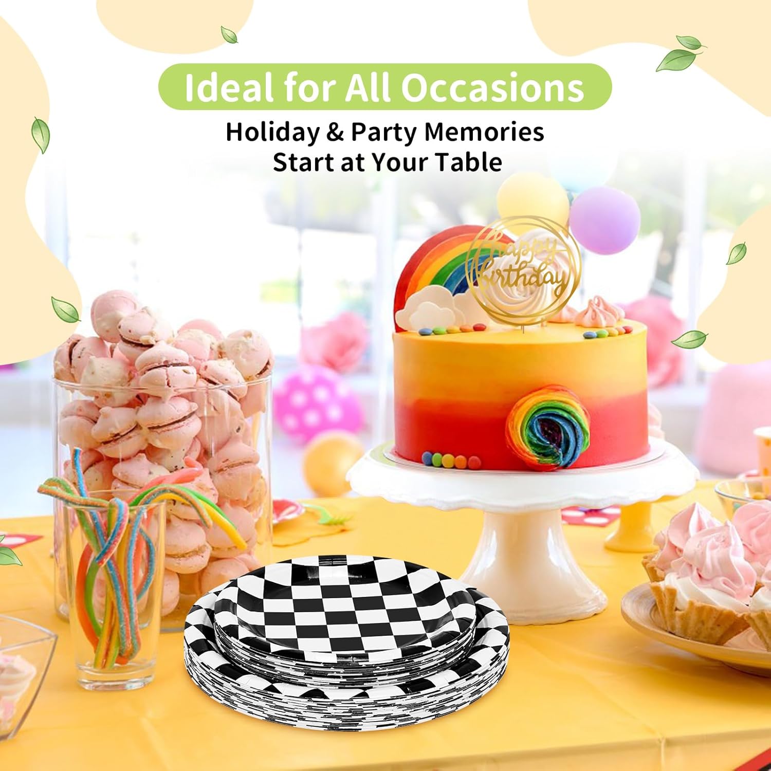 50 Checkered Flag Paper Plates Set Includes 25-9" & 25-7" Disposable Birthday Cake Dessert Black and White Race Car Plates for Party Supplies - Image 2