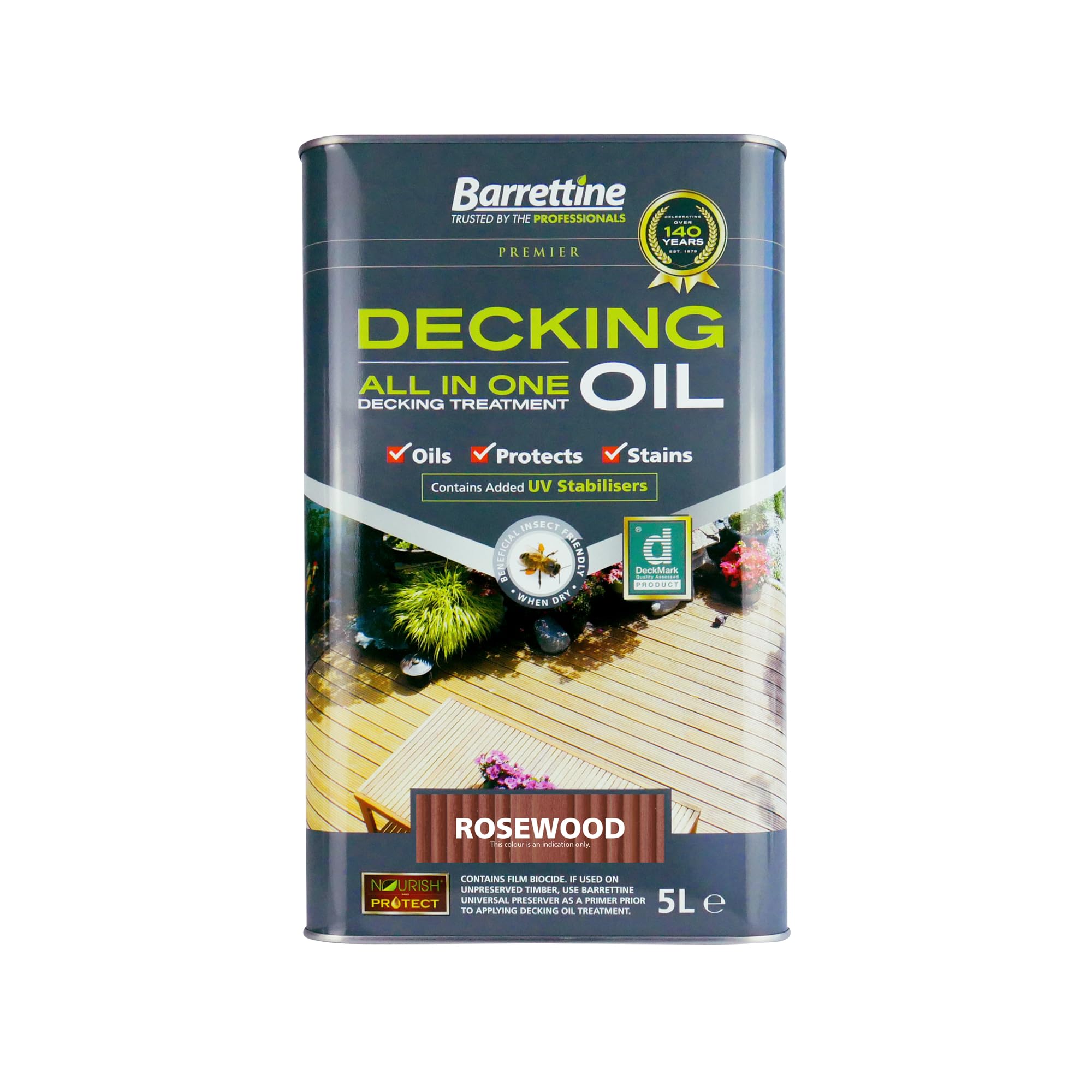 Barrettine Decking Oil (Rosewood, 5L) - UV & Fade Resistant All-in-One Outdoor Decking Treatment, Water Repellent Deck Oil for Exterior Timber & Structures