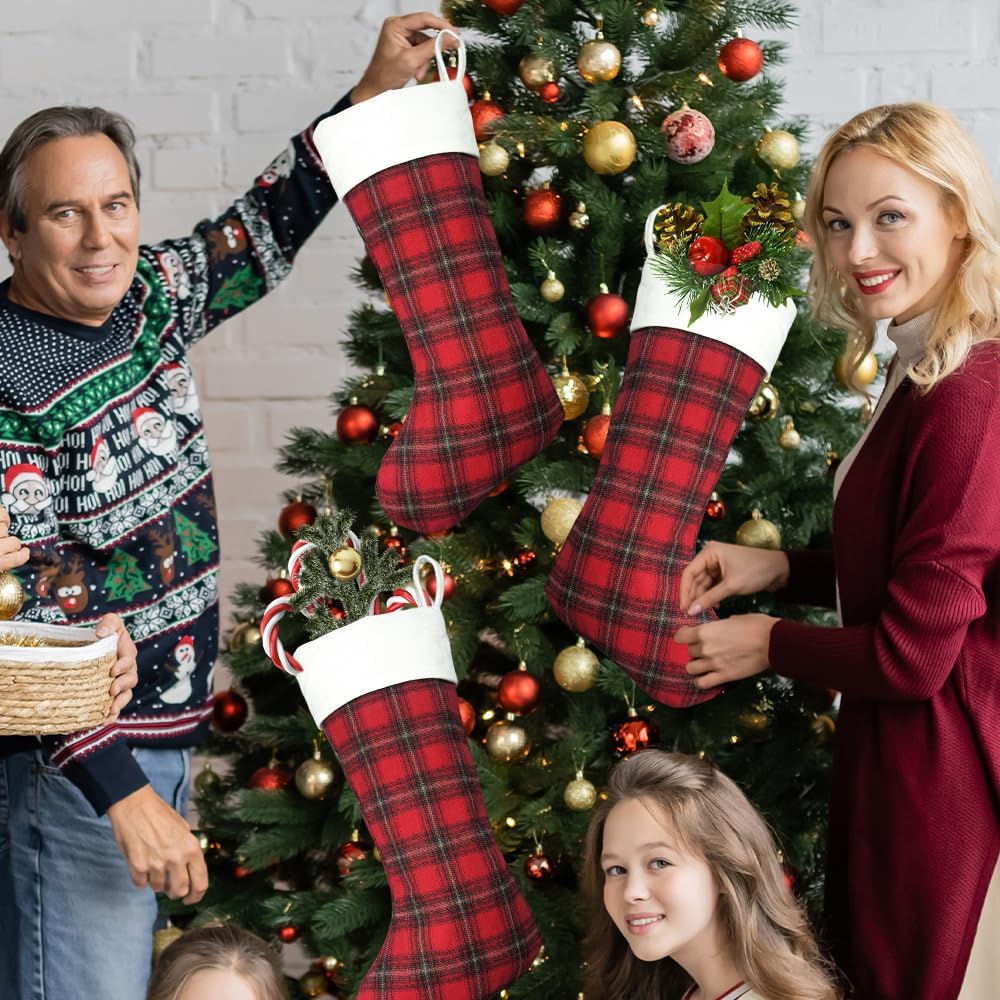 4 Pack Buffalo Plaid Christmas Stockings 20'' Large Xmas Stocking with Plush Cuff Hanging Stocking Decoration for Holiday Home Wall Fireplace Christmas Tree Decor Kids Gift Ornaments Décor