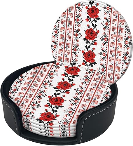 Miniatura 2 de Ukrainian Embroidery Style Rose Fashionable Printed Leather Coaster Set,A Set of 6 Pieces,4 Inches in Diameter,Adding an Artistic Atmosphere to Your