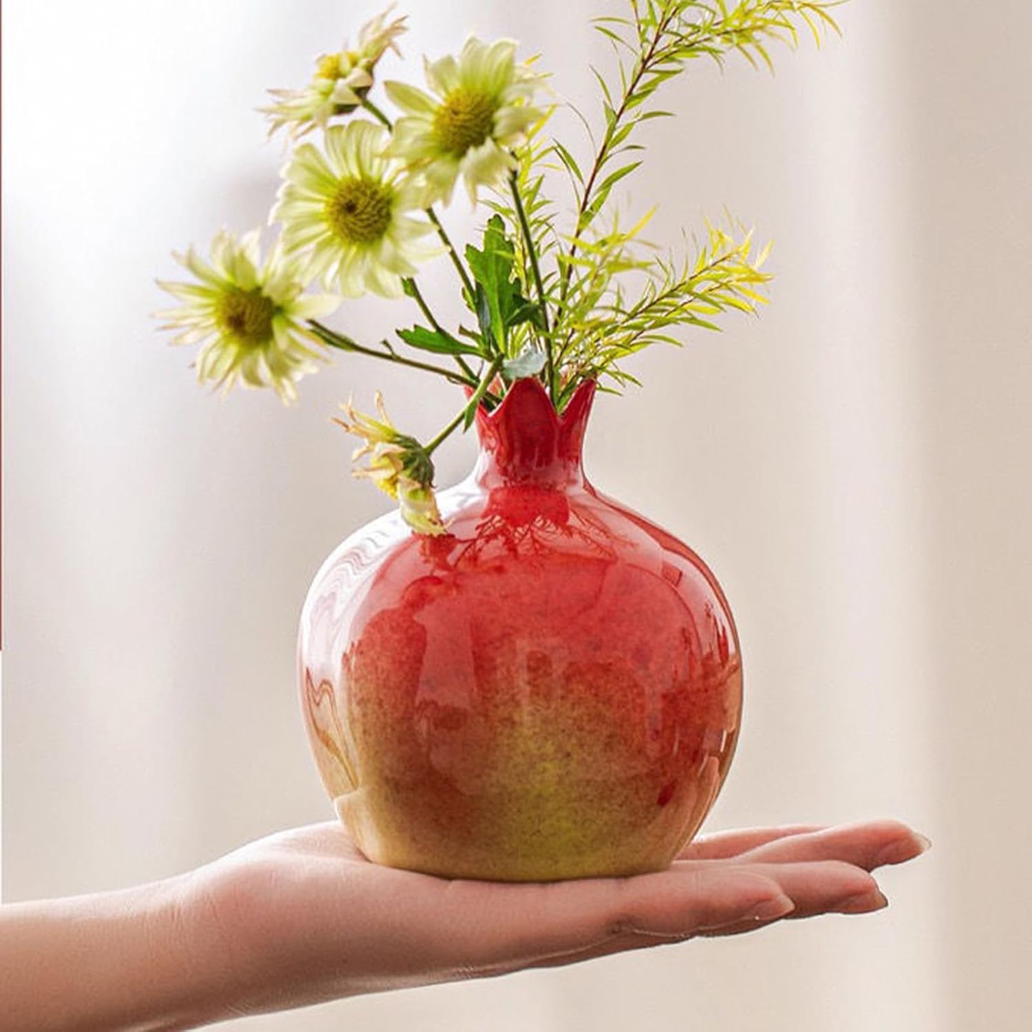 Flower Vase Ceramic Pomegranate Shaped Glazed Vase Modern Decorative Vase Home Ceramic Flower Pot Creative Stained Vase Flower Container for Table Home Decor (B,L)