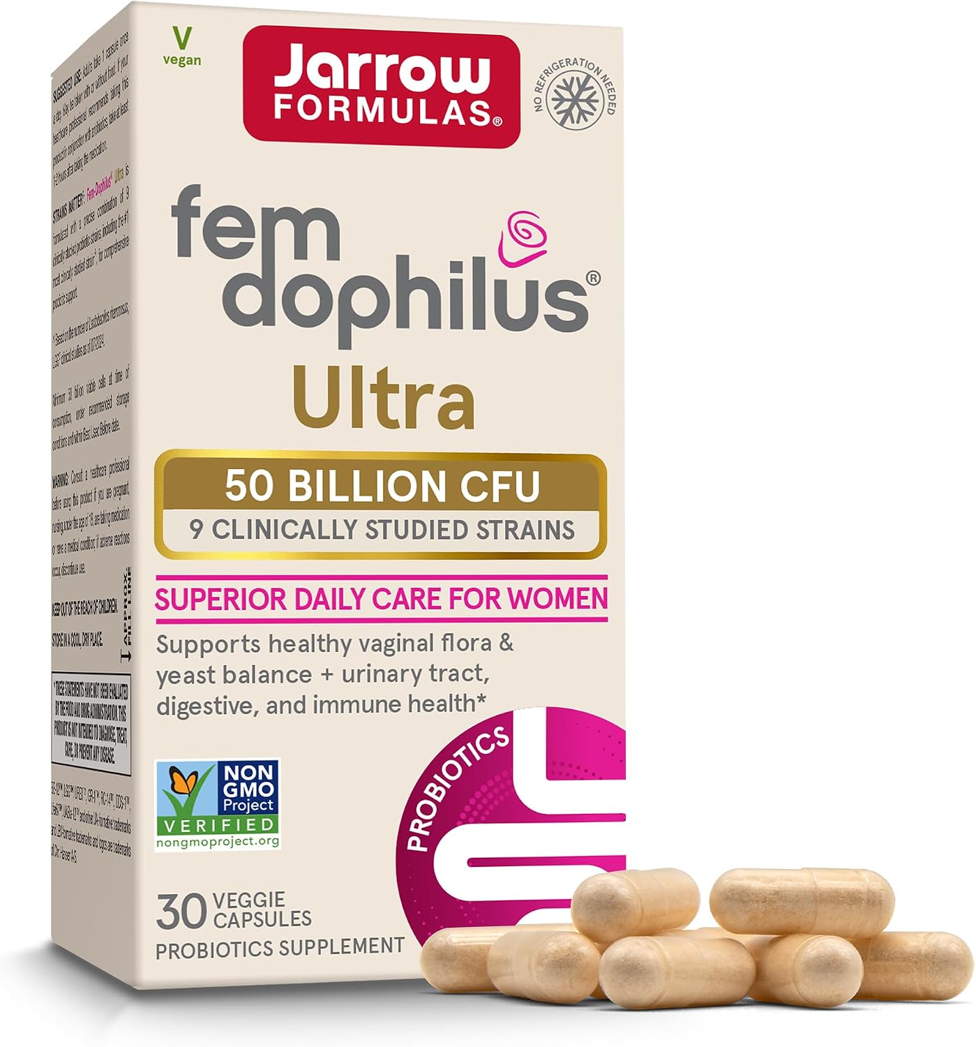 Jarrow Fem-Dophilus Ultra, Vaginal & Digestive Probiotic, 30 Capsules | 50 Billion CFU, 9 Clinically-Studied Strains, Yeast Balance, Urinary Tract, Immune Support, 4-in-1 Feminine Support