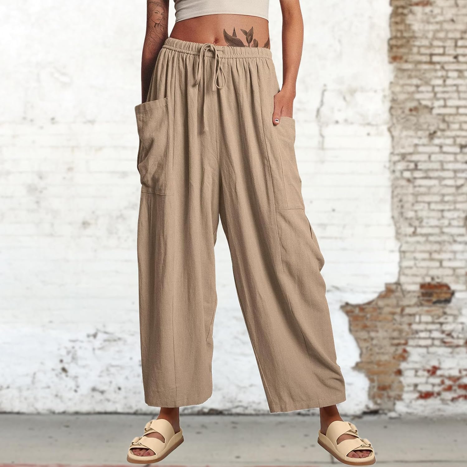 Linen Pants Women Petite Plain Plus Size Summer Beach Spring Fitted Cargo Pocket Ankle Length Lounge Pant - Image 3