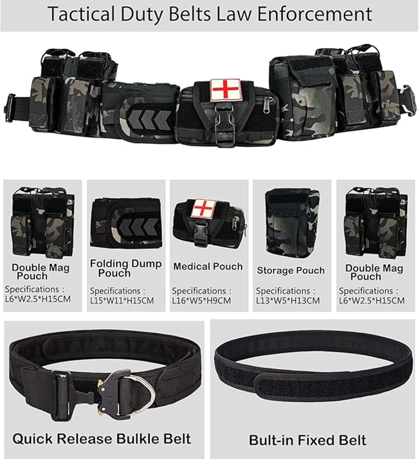 7 in 1 Tactical Duty Belt with Quick Release, Adjustable & MOLLE - For Law Enforcement (BK)