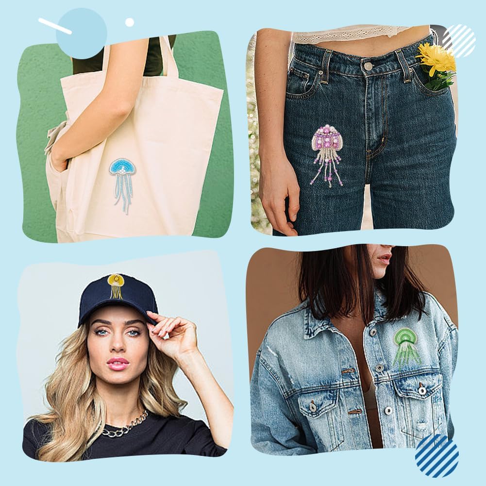 INFUNLY 4 Styles Jellyfish Beaded Patches Rhinestone Jellyfish Sew on Patches with Tassel 4 Colors Embroidered Badge Patch DIY Decorative Patch Applique for Dress Jeans Jackets Handbag Clothing