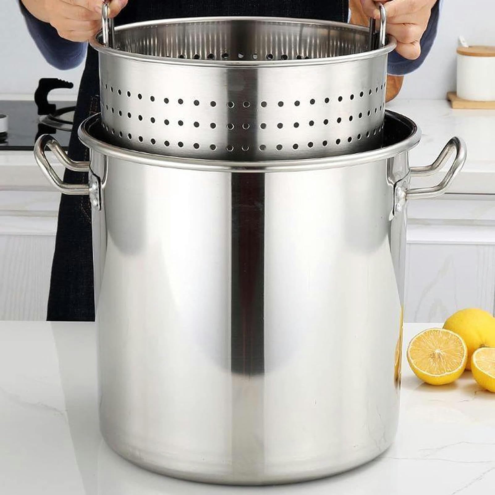 30 cm großer Suppentopf aus Edelstahl mit Siebkorb und Deckel – vielseitige Fritteuse zum Dämpfen, Kochen und Garen – ideal für den Einsatz zu Hause und im Freien
