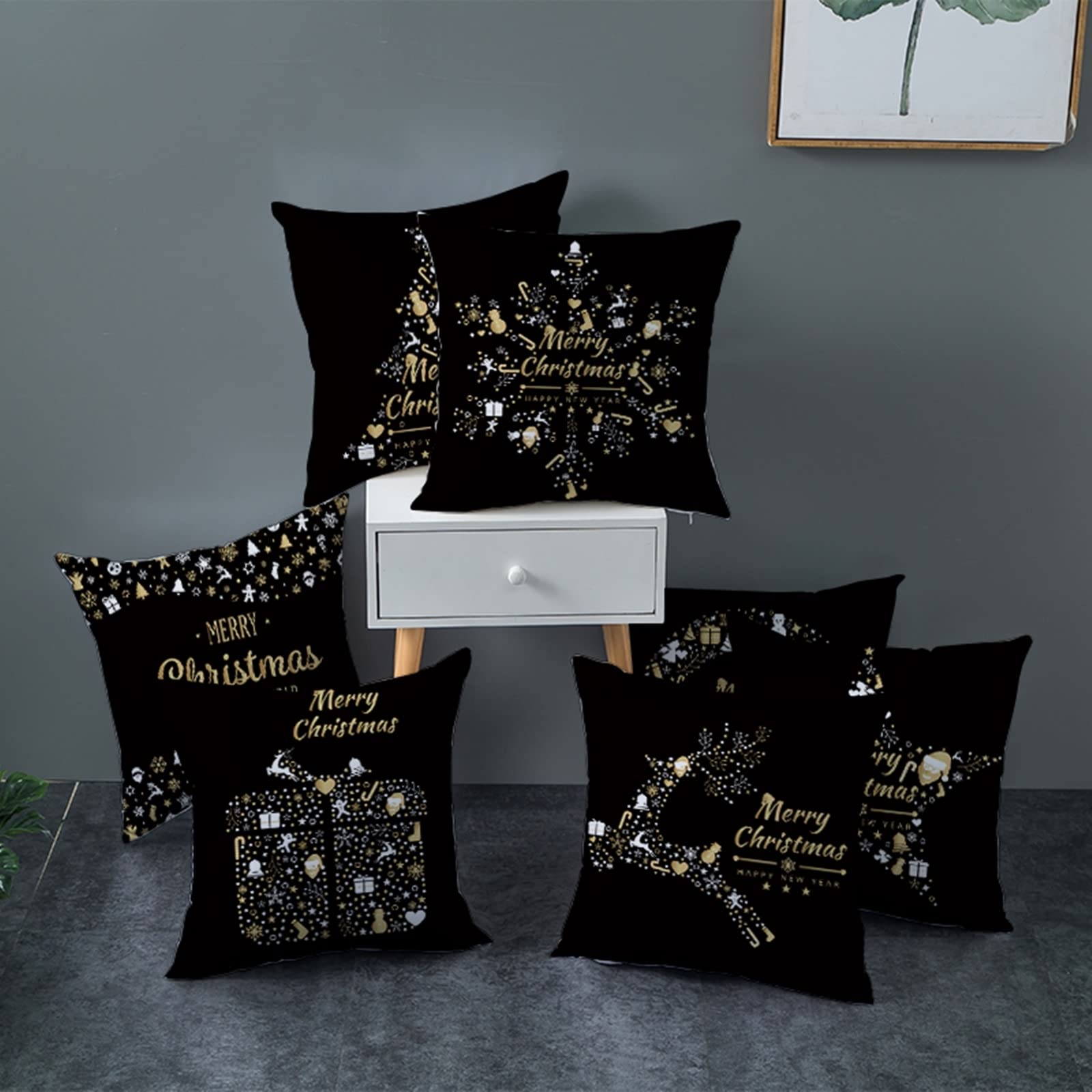 AmDxD Juego de 4 fundas de cojín navideñas de 50 x 50 cm, de poliéster, para salón, dormitorio, negro, dorado y blanco