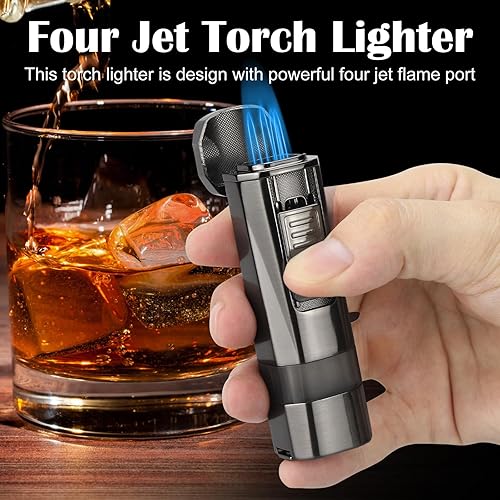 Miniatura 4 de FLABOX Encendedor de llama de cuatro chorros con punzón y soporte, resistente al viento, encendedor de butano recargable multifuncional, caja de