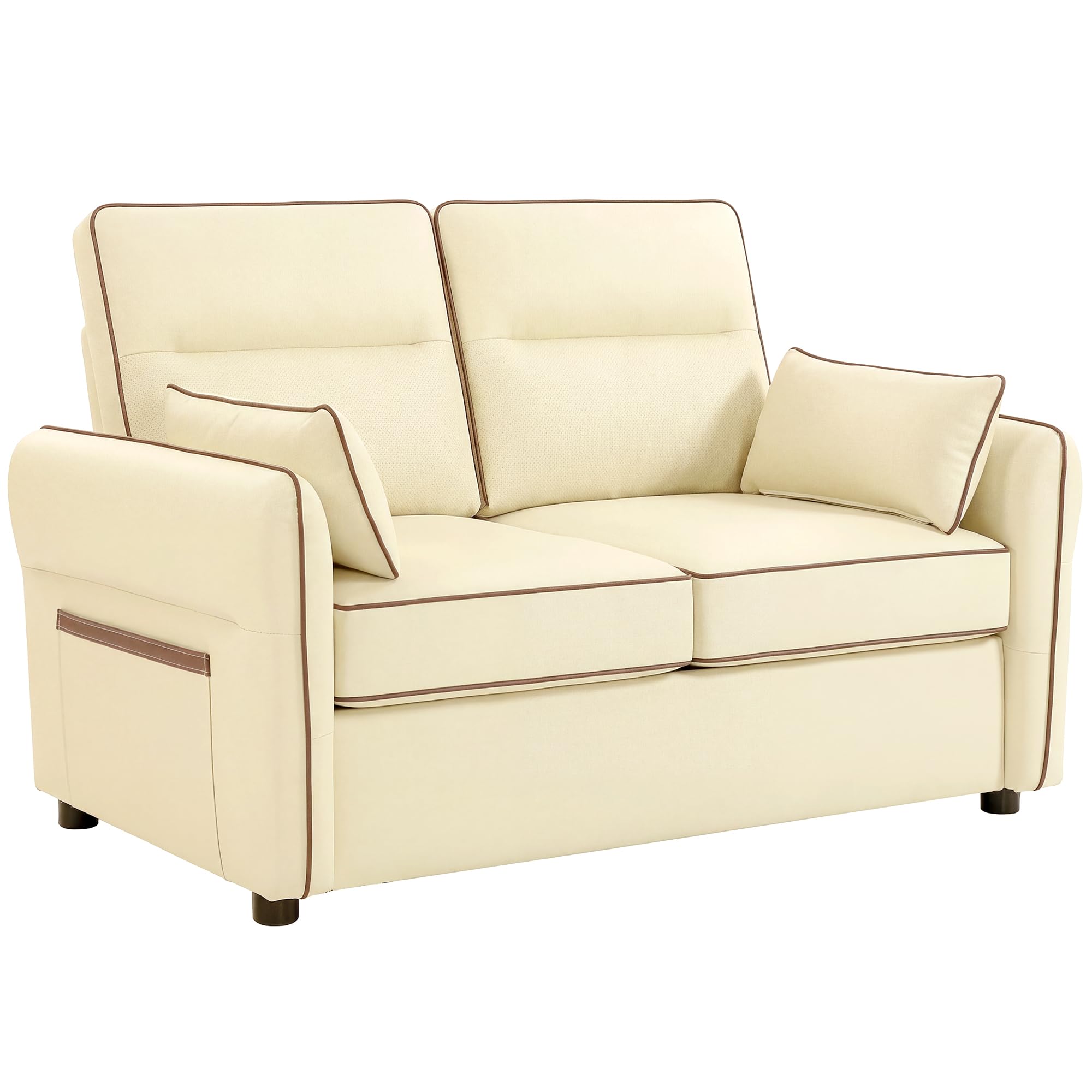 HOMCOM Divano 2 Posti Imbottito in Pelle Finta con Bordo a Contrasto, Divanetto da Salotto con Imbottitura Spessa, 2 Cuscini Rimovibile e Lavabile, Braccioli e Tasche Laterali, 136x81x90 cm, Beige