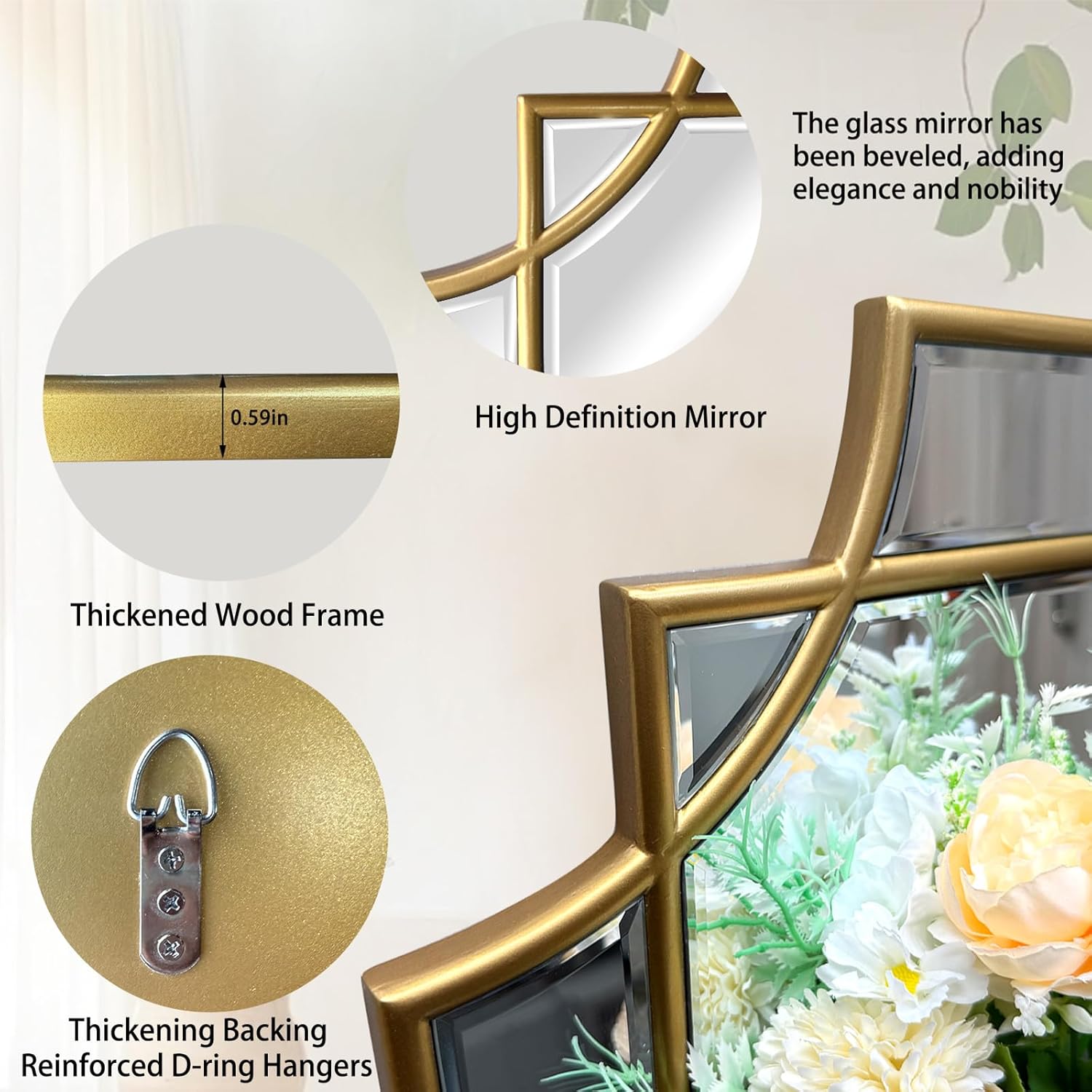 Gold Beveled Mirror, 24"x47.2" Large Geometric Art Deco Mirror with Wood Frame, Modern Rectangle Wall Mirrors for Living Room Bedroom Entryway Hallway, Horizontal or Vertical Hanging