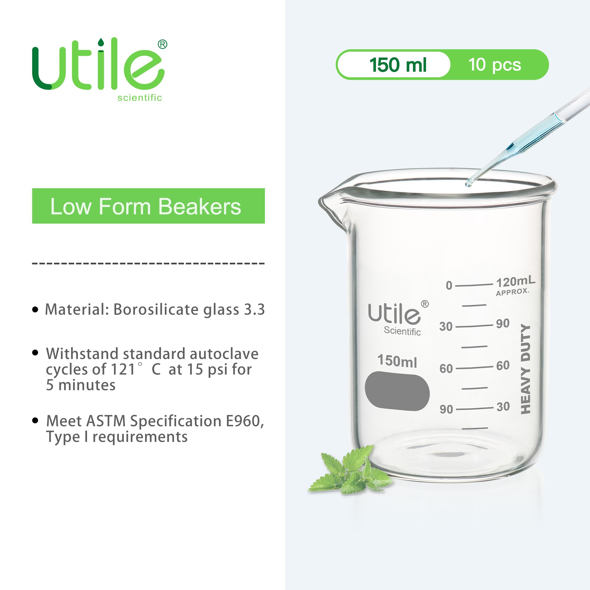 Utile 10 Stück Borosilikatglas Becher 3.3 150 ml mit aufgedruckter Skala 4000.0150.10