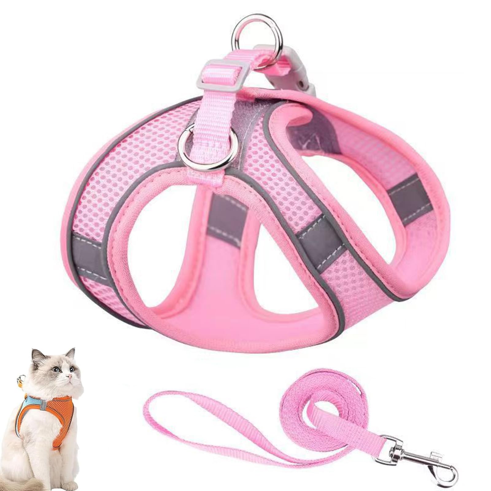 Cat Harness Design for Outdoor Cats, Cat Explorer Harness, Adjustable Soft Mesh Vest with Reflective Safety Strips, Escape Proof, Easy to Wear Cats (E,XS)