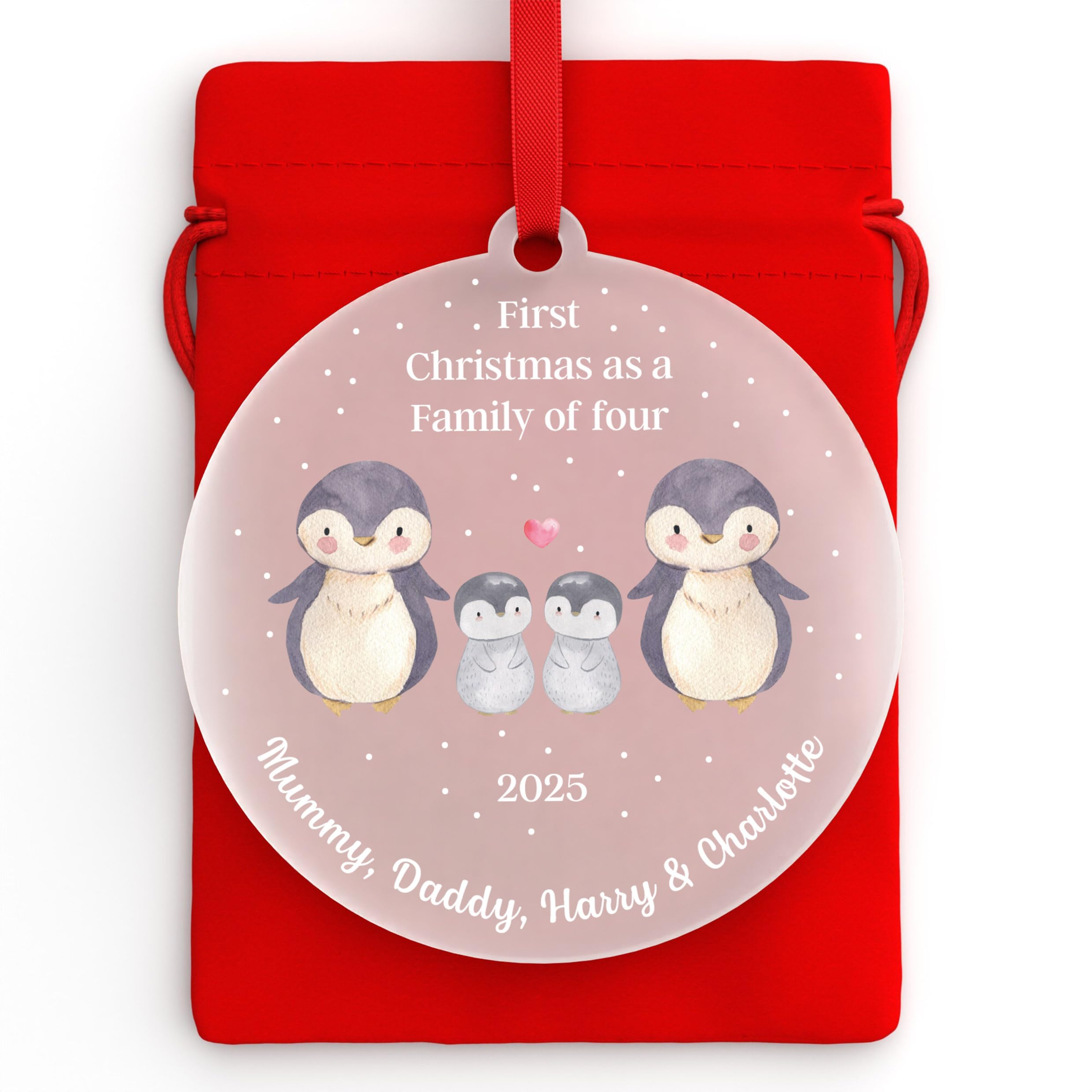 Beecreative Personalised First Christmas As A Family Of 4 Bauble, Family Of Four Xmas Decoration, Baby's First Christmas, New Baby Tree Decoration, With Red Bag