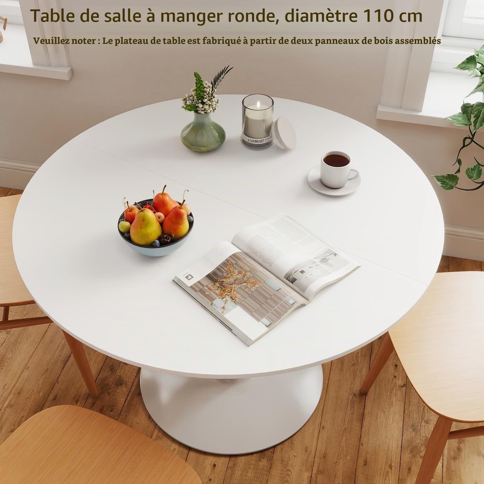 Table de Salle a Manger Ronde Blanche de 110 cm Diametre pour 4 à 6 Personnes, Table Ronde Salle Manger Moderne avec Base en Métal pour Cuisine Salon Restaurant Café Bureau, Blanc