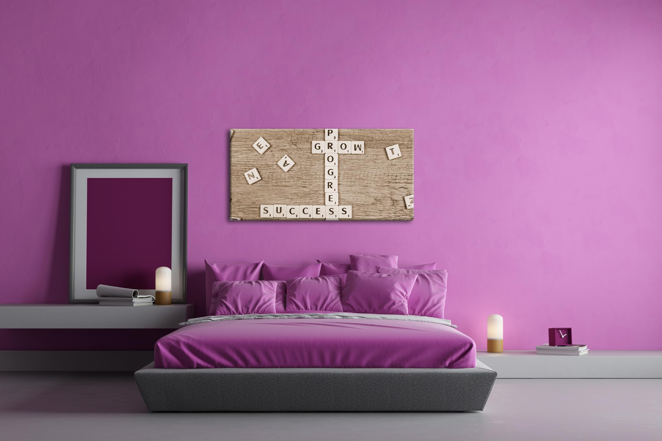 Crecimiento y éxito, como crucigrama de piedras de letras, panorámico, 120 x 60 cm, efecto: sepia XXL, impresión artística sobre marco de madera, lienzo, mural, decoración de salón