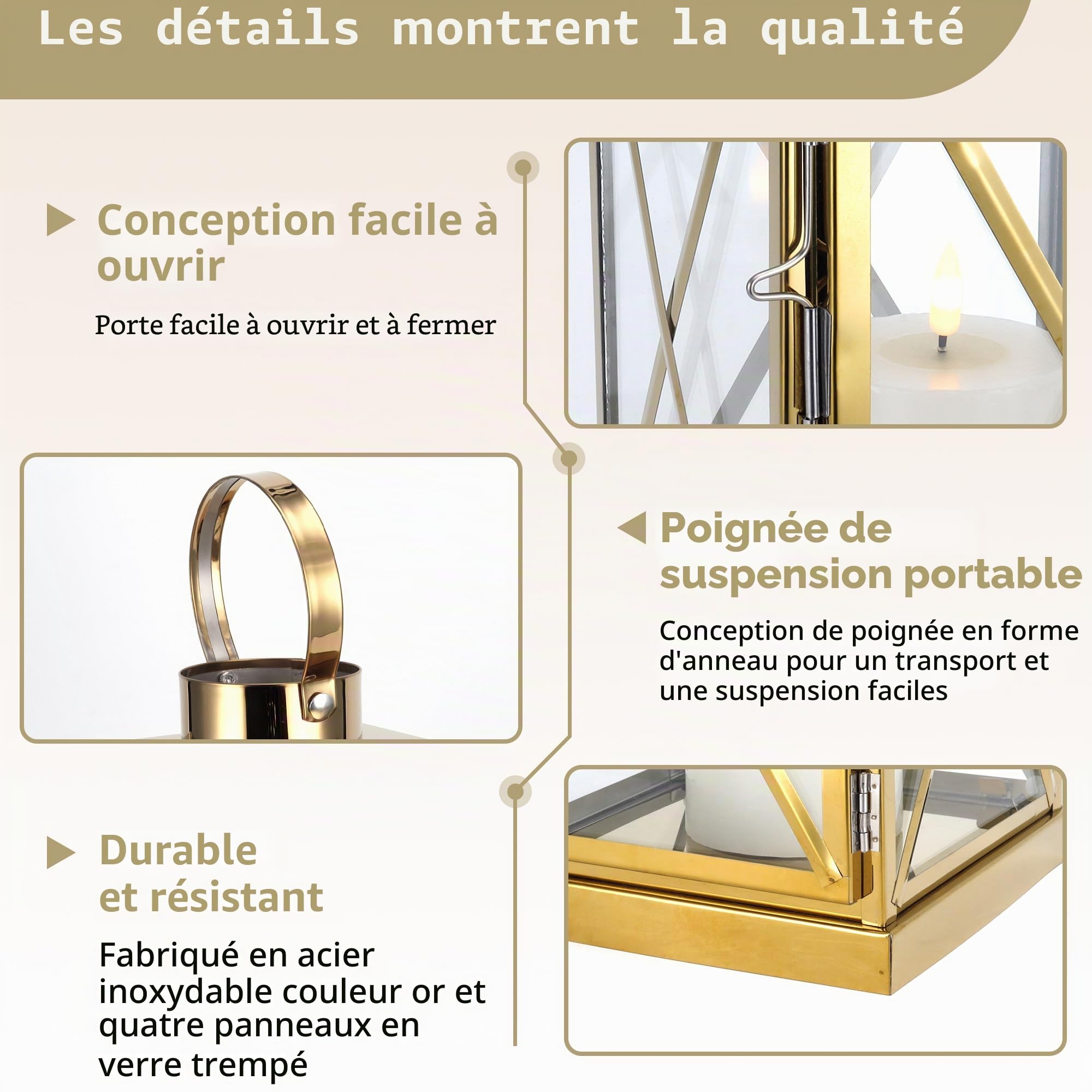 TRIROCKS Ensemble de 3 Lanternes en Acier Inoxydable - Élégance Carrée 40, 31 et 21 cm Porte-Bougies Métalliques avec Poignée et Verre Clair pour Décor Extérieur Célébration (Or)