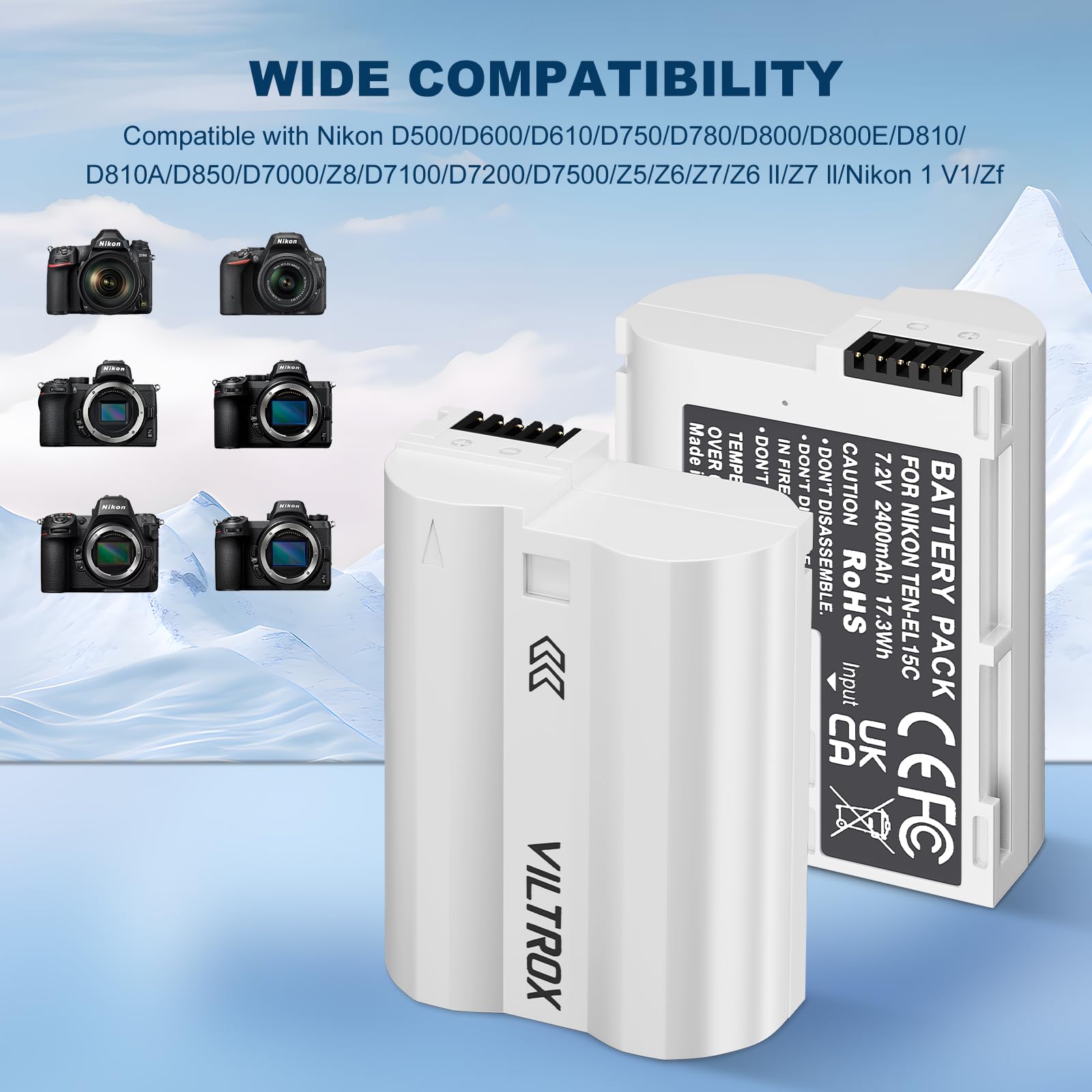VILTROX EN-EL15C zestaw 2 baterii do aparatu akumulator wielokrotnego ładowania 2400mAh USB-C do Nikon D500 D600 D610 D750 D780 D800 D800E D810 D810A D850 D7000 Z8 D7100 D7200 D7500 Z5 Z6 Z7 Z6II Z7II