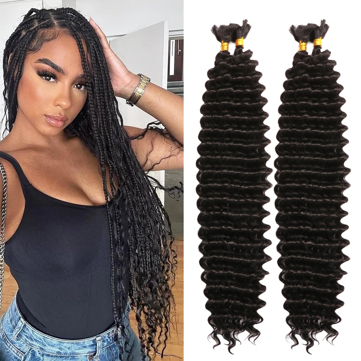 Seimainurs Deep Wave Crochet Hair Long Curly Braiding Hair for Boho Braids Ocean Wave Braiding Hair for Black Women (1B#