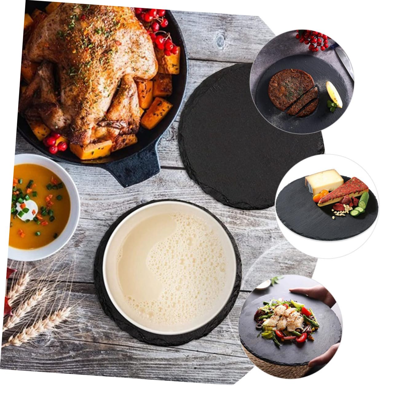 COLLBATH Platos Redondos de Pizarra Natural Pack de 2 Unidades para Servir Carne y Sushi, Material Resistente y Fácil de Limpiar Adecuado para Hogar y Restaurante