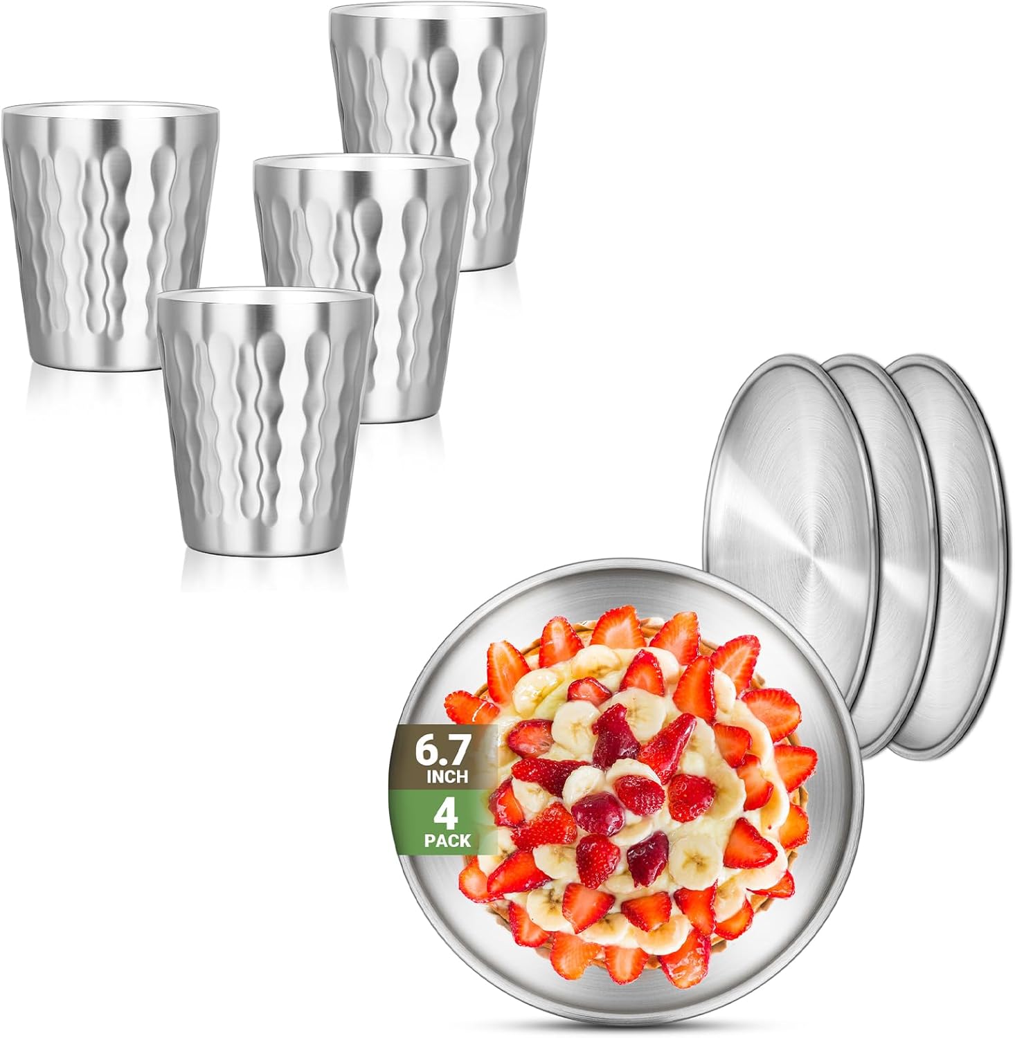 10oz 4 Cups and 6.7" 4 Plates 304(18/8), Round Shatterproof Stainless Steel Plates, Double Wall Stackable Unbreakable Stainless Steel Cups for Outdoor Travel Camping BBQ Home Dinner