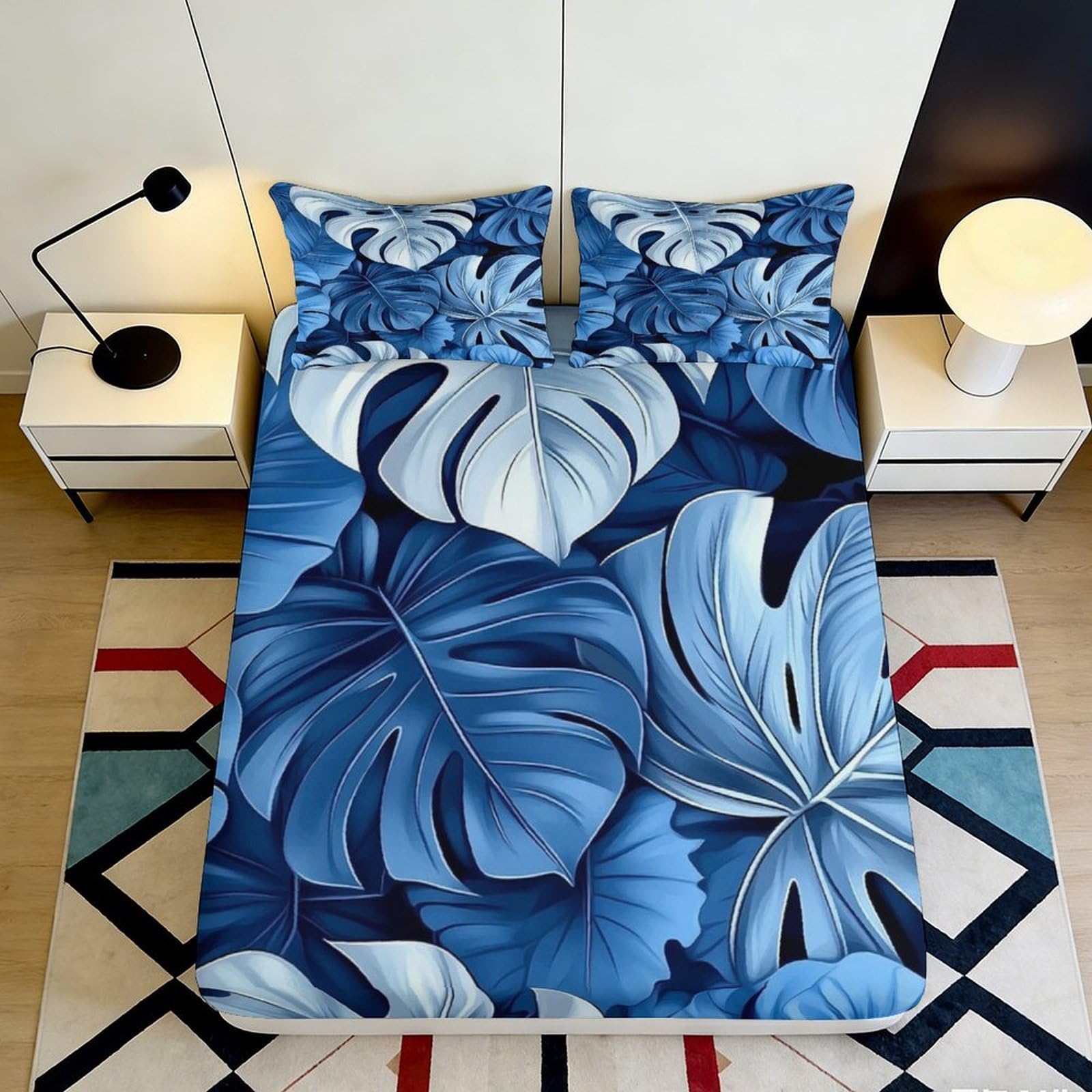 3D Printed Blue Monstera Fitted Sheet Microfiber Soft Breathable Tropical Leaf Mattress Cover for Bedroom Dorm Décor, Easy Care 90x200x25cm