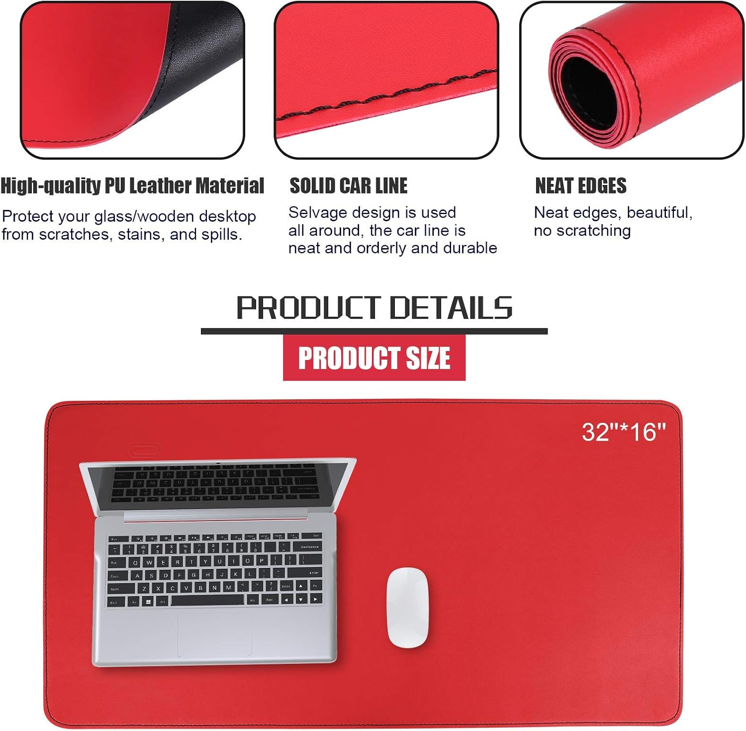 Leather Desk Pad Protector, Non-Slip Office Desk Mat, Large Mouse Pad, PU Leather Desk Blotter, Laptop Desk Pad, Waterproof Desk Writing Pad for Home and Office (Red/Black, 32" x 16")