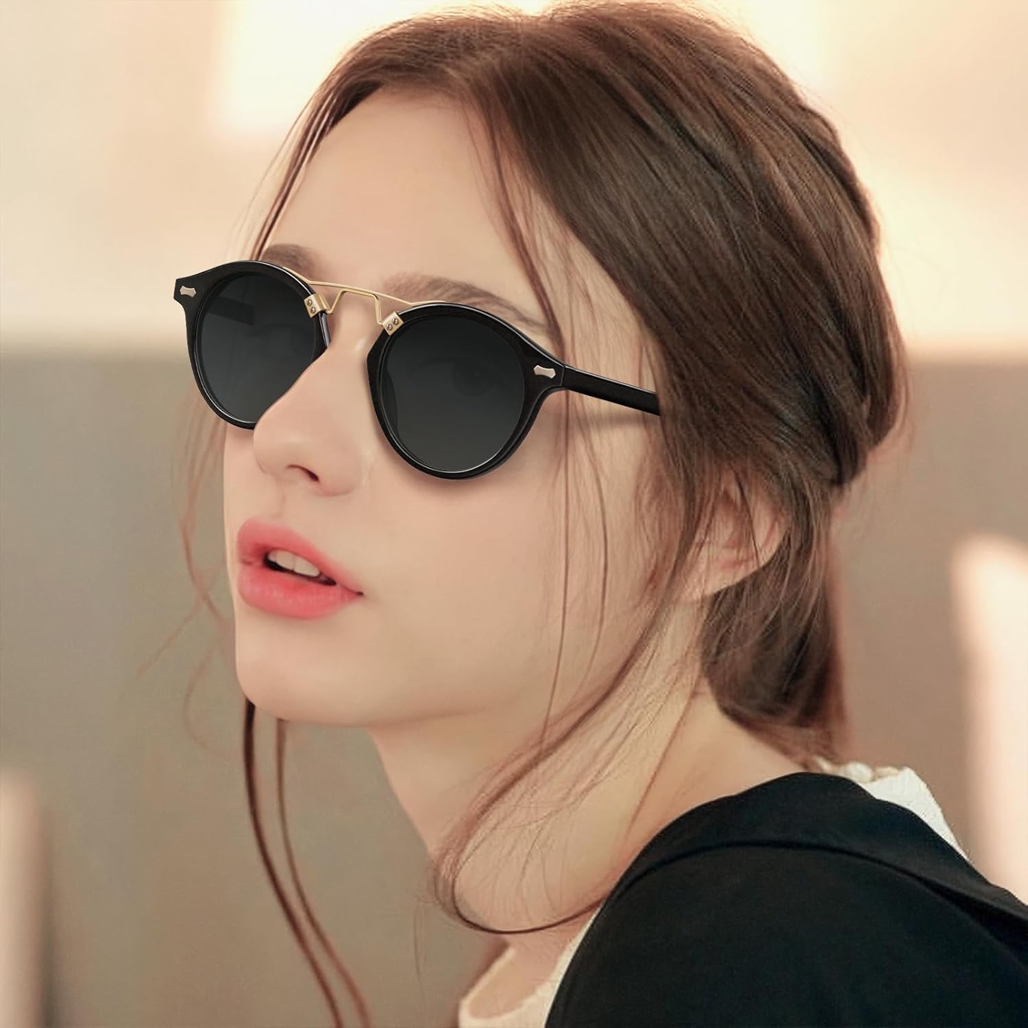 CARFIA Double Bridge Small Acetate Sunglasses for Women Polarized, Retro Metal Brow Ladies Sunnies Fashion Round Eyewears - Image 2