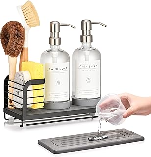 Kitchen Soap Dispenser Set with Drying Tray – 16oz Glass Bottles with St...