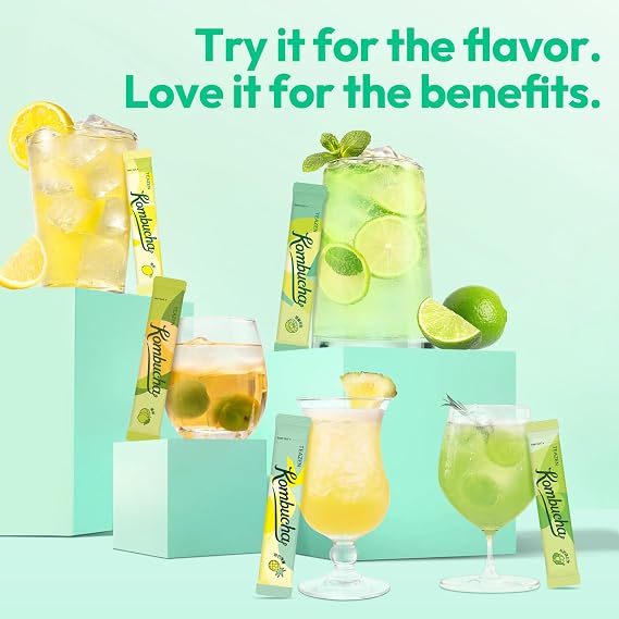 TEAZEN Kombucha Tea Tropical Zest Hydration Variety Pack - 20 Sticks, 5 Flavor (Lemon, Pineapple, Korean Plum, Shine Muscat, Green Mandarin-Lime)