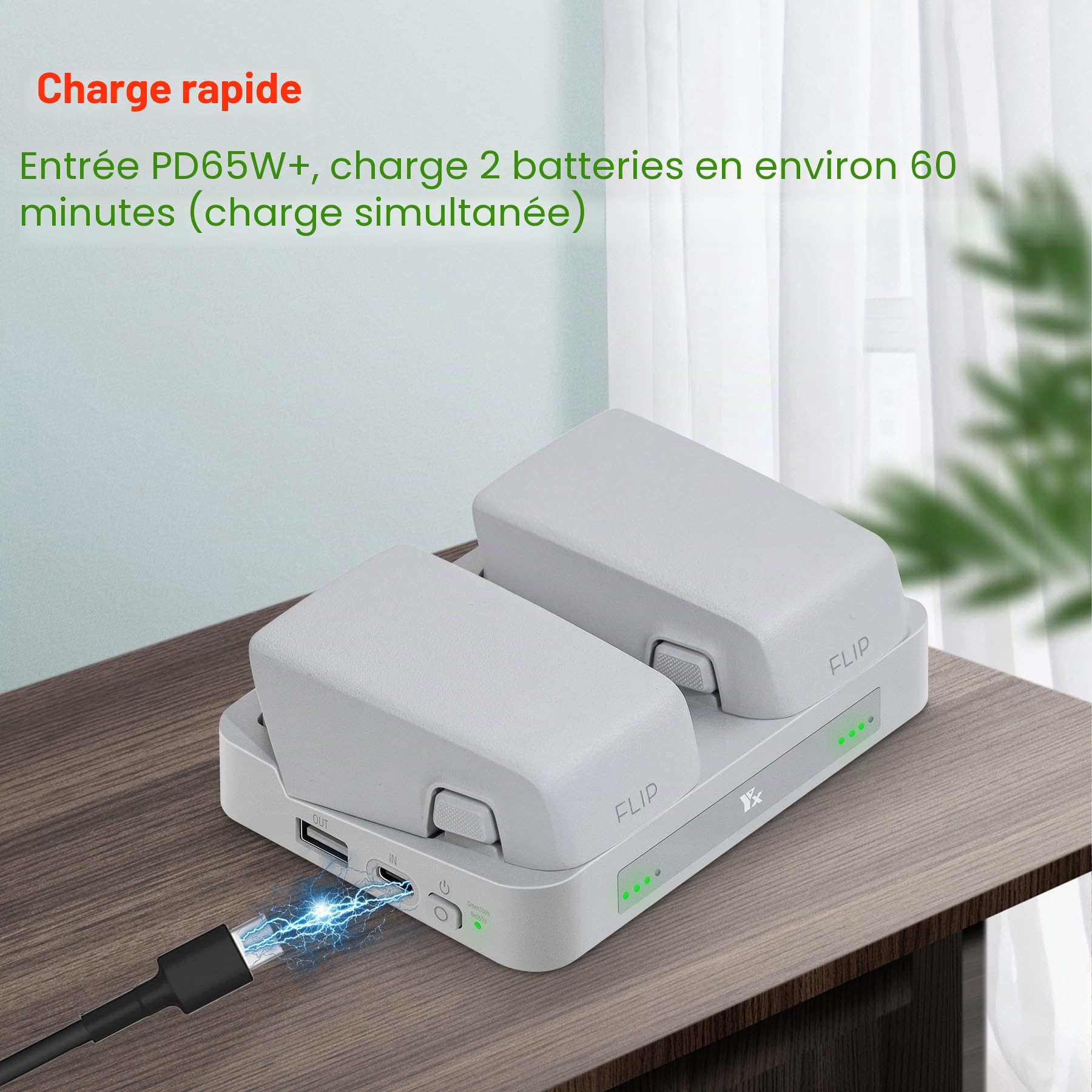 Chargeur de batterie bidirectionnel 65 W avec stockage et double hub pour DJI Flip Drone