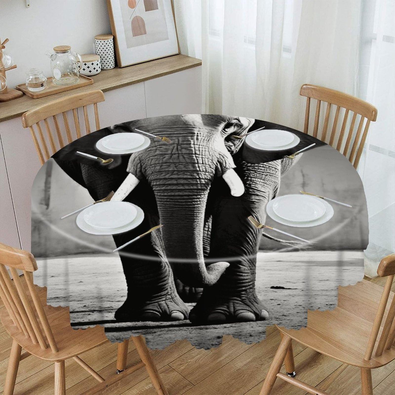 VstaDank 60 Inch Round Black and White Elephant Tablecloth Polyester Waterproof Wrinkle Free Table Cloth Spillproof Washable Table Cover Colorful Tablecover Decor for Home Kitchen Dining Party