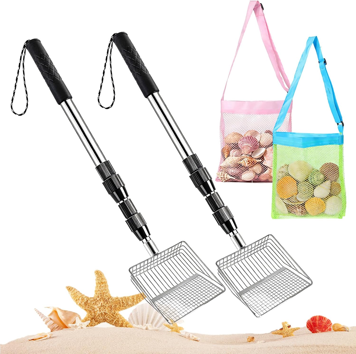 Upgraded 2Pack Shark Tooth Sifter, Shell Scooper for Beach with Seashell Bags, Sand Sifter Shovel Shelling Tools with Adjustable Stainless Steel Long Handle for Easy Digging, Shark Teeth Sifter Dipper
