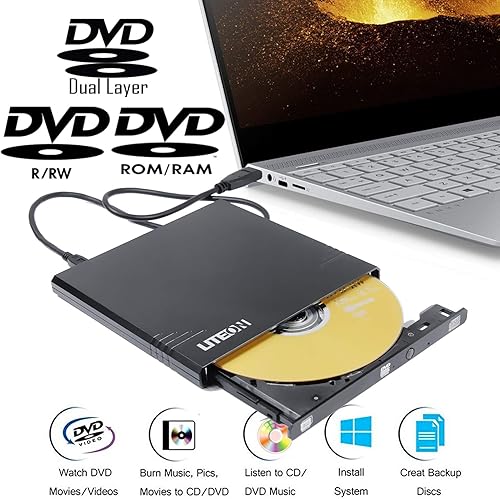 Miniatura 5 de Grabador de DVDCD externo ultrafino USB 8X, para HP Dell Lenovo Asus Acer MSI Alienware Apple portátil PC, LITEON eBAU108 portátil DVD+-RRW CD-RRW