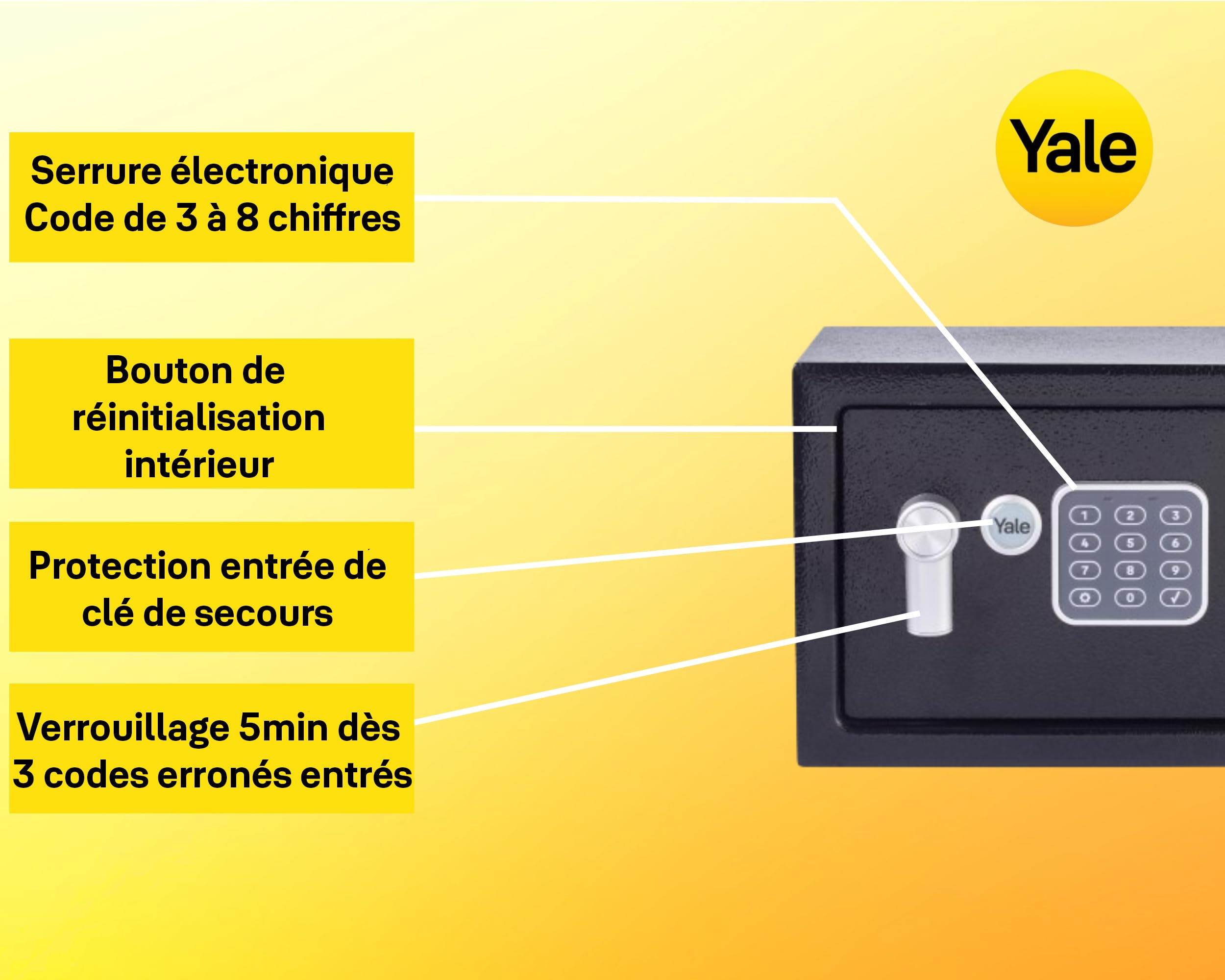 Yale Coffre-Fort Électronique - Small 8.6L - Serrure 100 000 Combinaisons, verrou électronique Code 3 à 8 Chiffres - Dimensions 20x31x20cm YSV/200/DB2