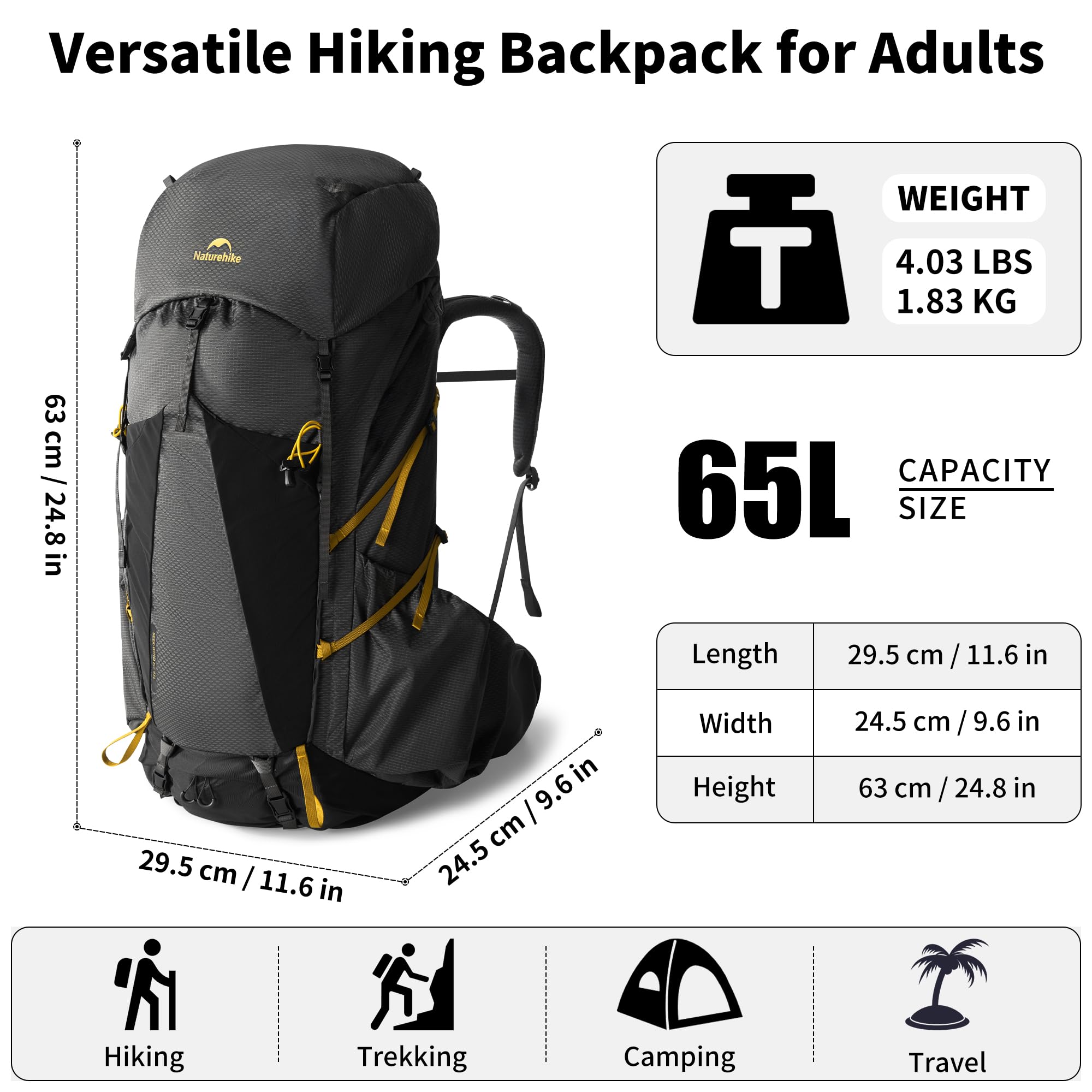 Naturehike Seek Wind plecak trekkingowy, 35 l/65 l, dla mężczyzn i kobiet, plecak turystyczny, wodoszczelny, plecak podróżny, plecak outdoorowy z pokrowcem przeciwdeszczowym, na kemping, do jazdy na