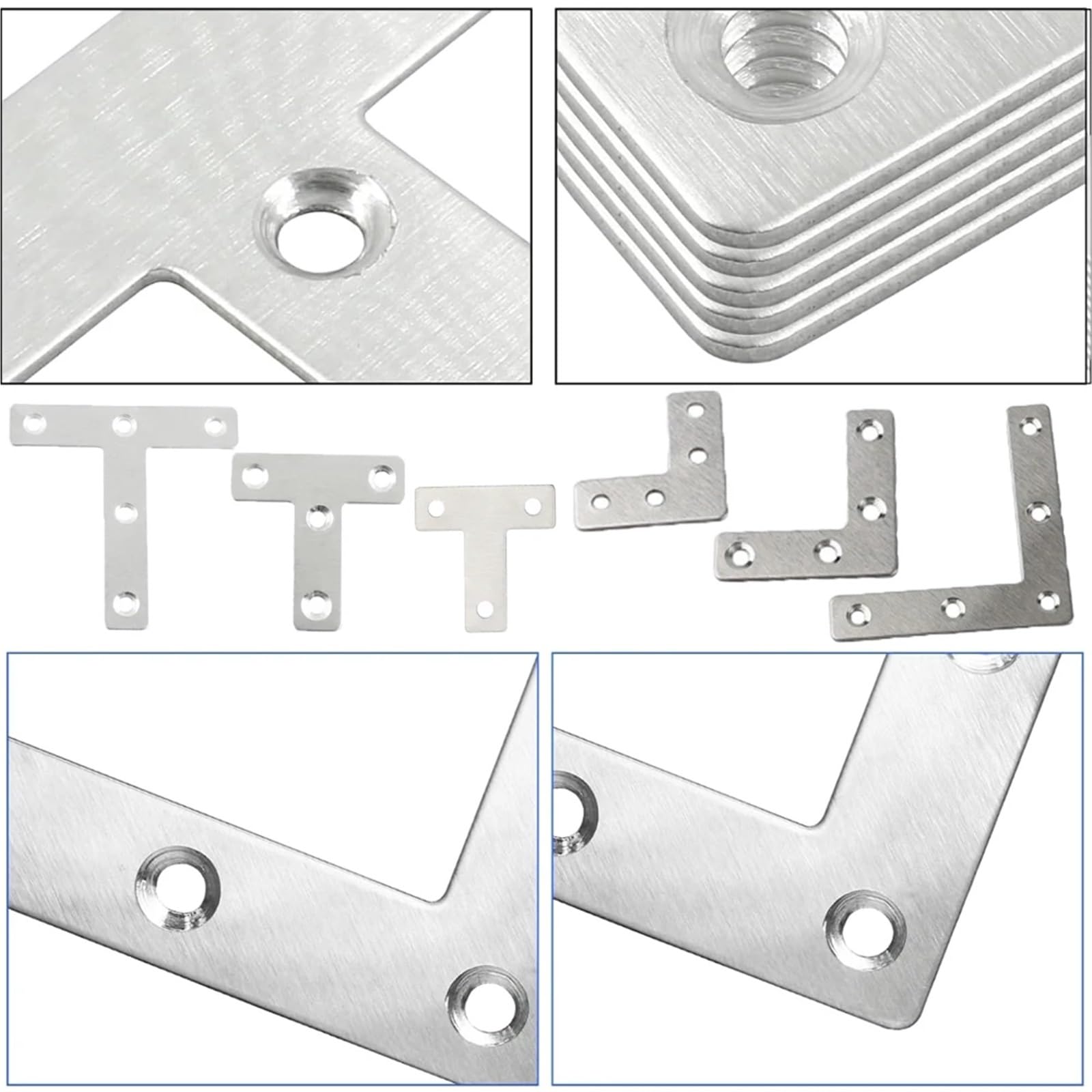 Escuadras Metalicas Fijación de placa extrusión esquina acero inoxidable L/T, 12 piezas, conexión soporte ángulo plano resistente(Silver)