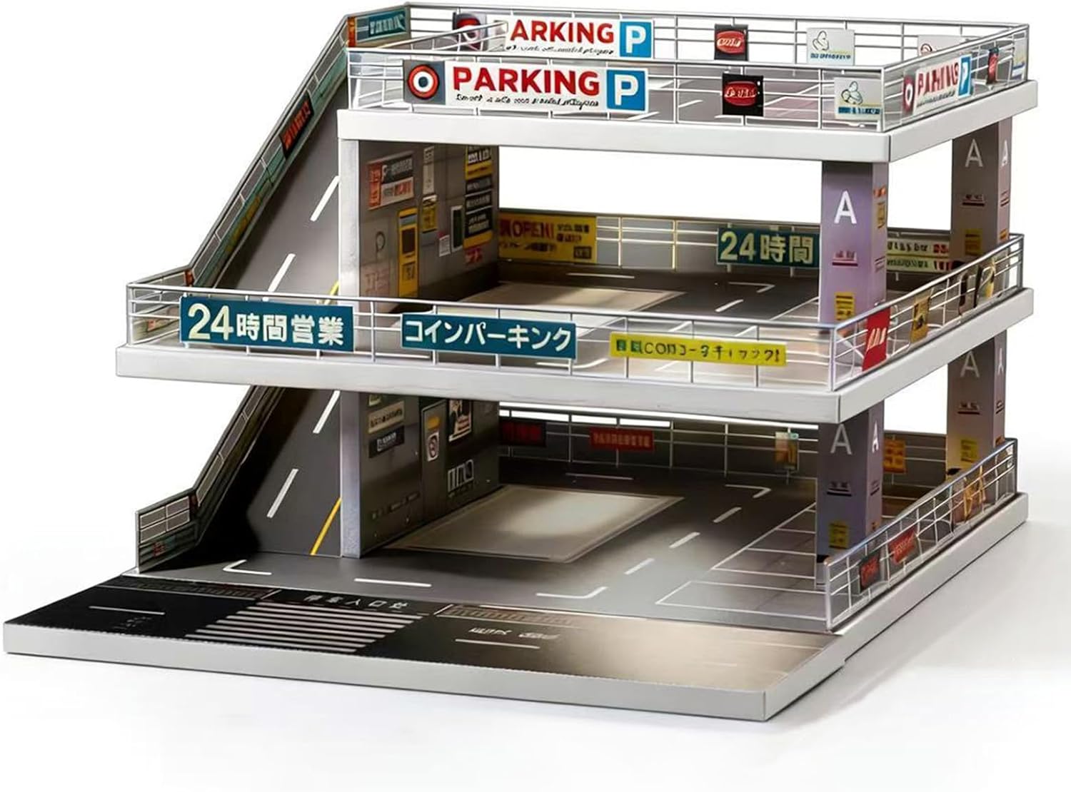 Display Case for Hot Wheels & Matchbox,Lighted Ramp Scene Parking Garage Diorama for 1/64 Diecast Model Toy Car Trucks Storage Garage,Maximum Hold 50 Cars (Light Gray)