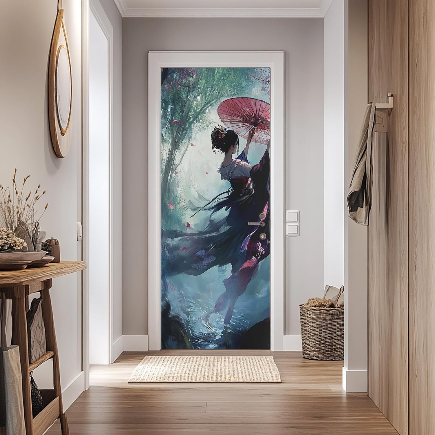 Japanese Door Mural, Japanese Anime Door Sticker, Asian Woman Wallpaper Peel and Stick Removable Decor, Decals Self-Adhesive PVC for Home Office 32" W x 80" L