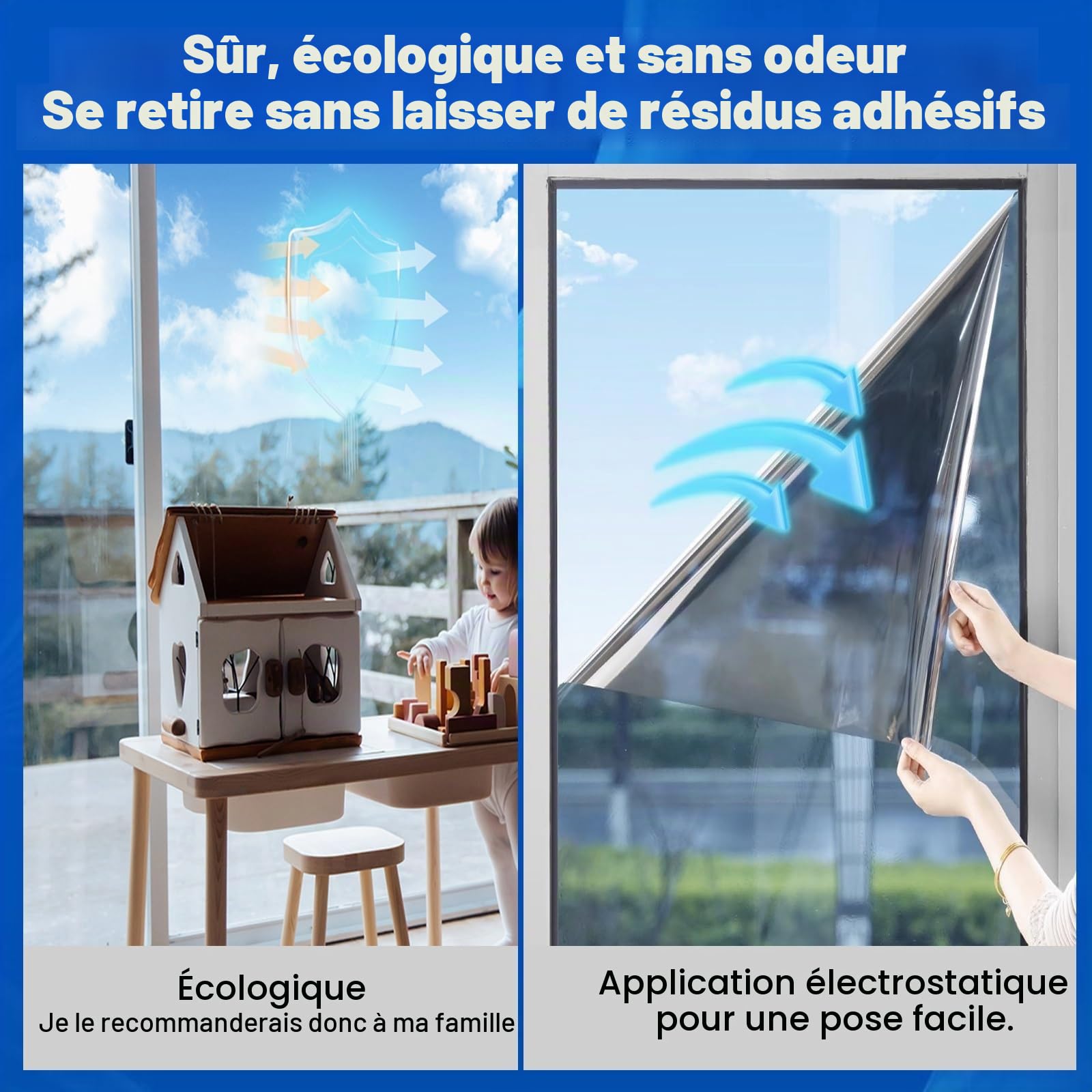 Film Occultant Fenêtre 90 x 250 cm Film Adhesif Effet Miroir D'Intimité Filtre Fenetre Anti Regard Anti Chaleur UV sans Tain pour Fenetre pour Maison Bureau Magasin, Argent