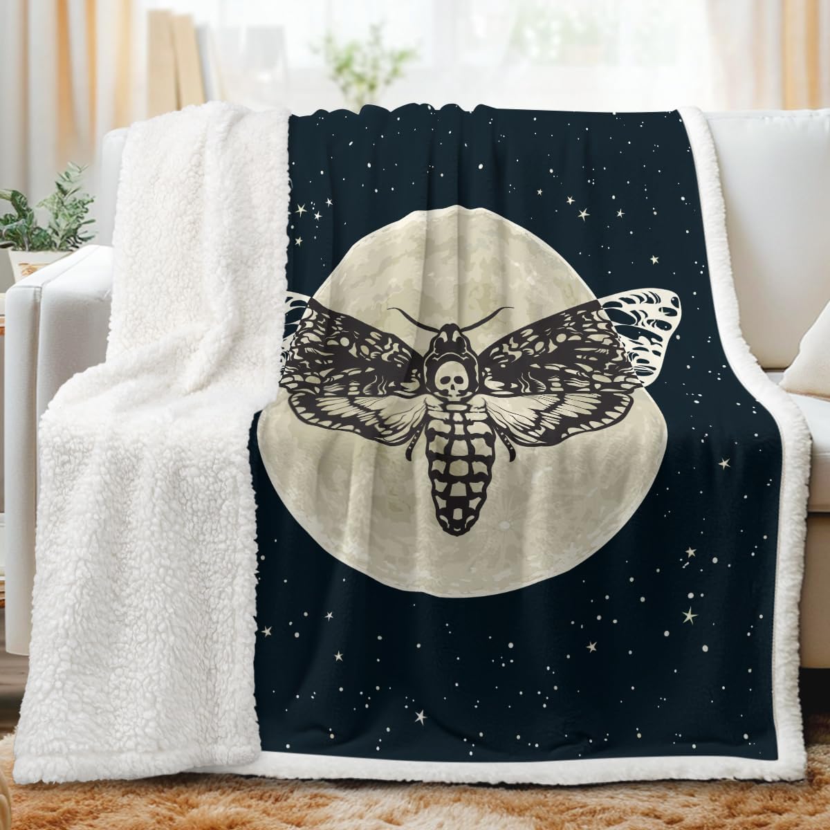 Sleepwish Death Moth Throw Blanket Hawk Moth Skull Sherpa Fleece Blanket Black Galaxy Star Print Blanket Large Size Gothic Halloween College Dorm Decor, Queen (90" X 90")